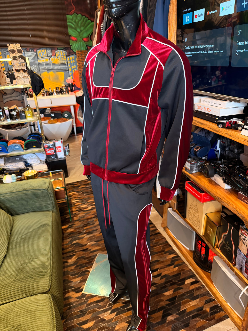 Relaxed Lexington Funnel Neck Velour Track Jacket - Burgundy