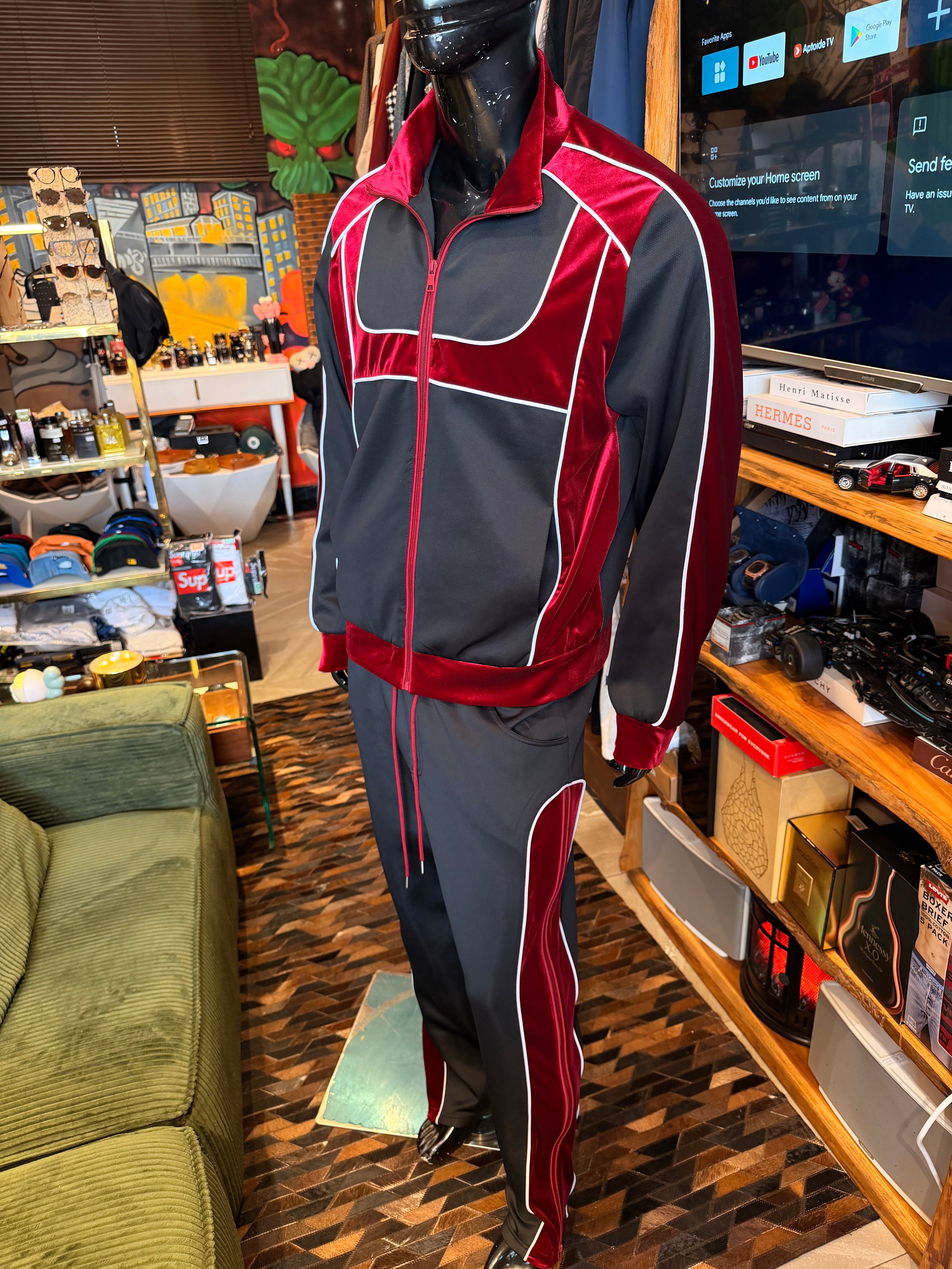 Relaxed Lexington Funnel Neck Velour Track Jacket - Burgundy