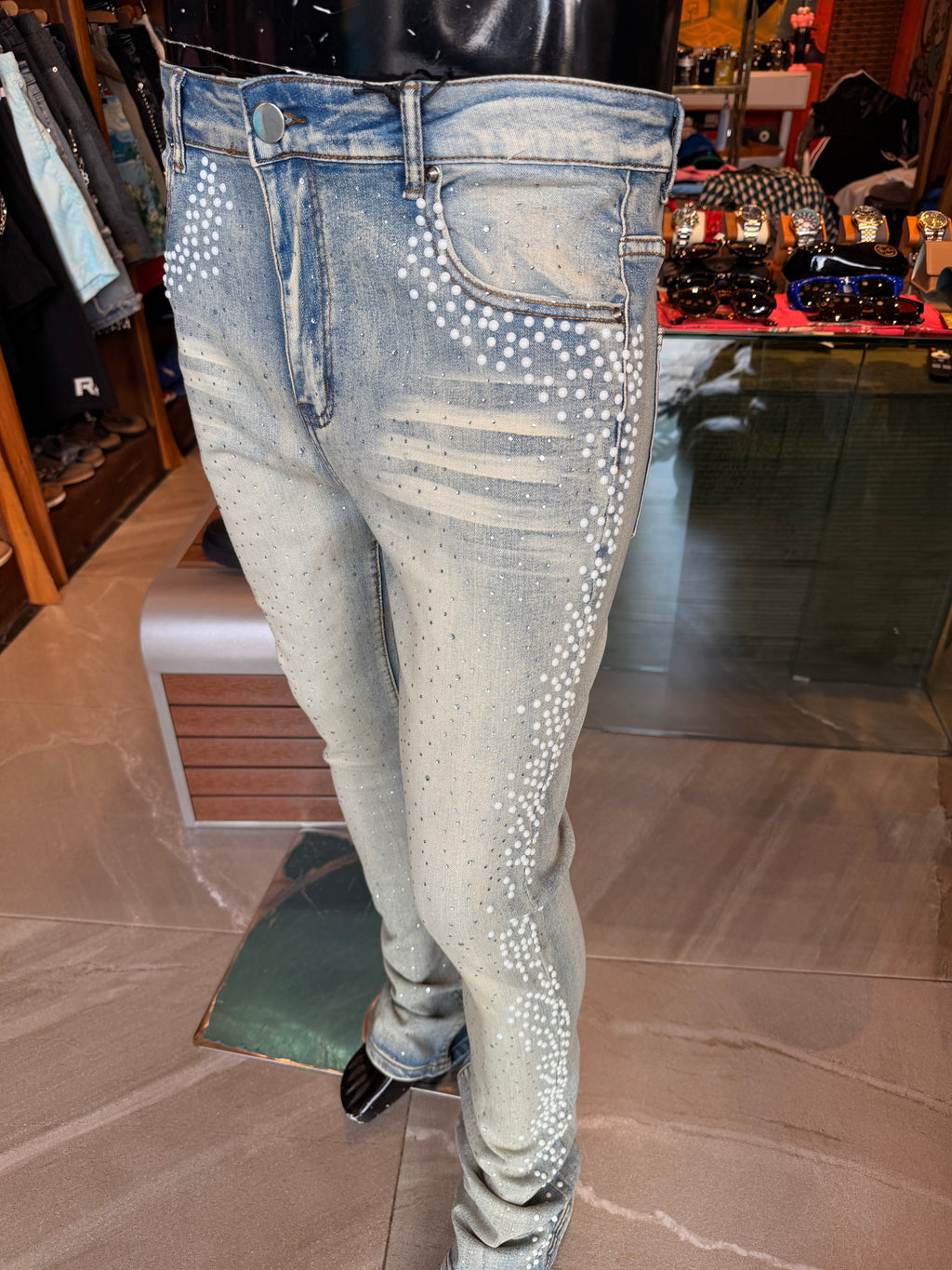 Stacked Skinny Flare Fancy Me Pearls With Jewel Jean - Medium Wash