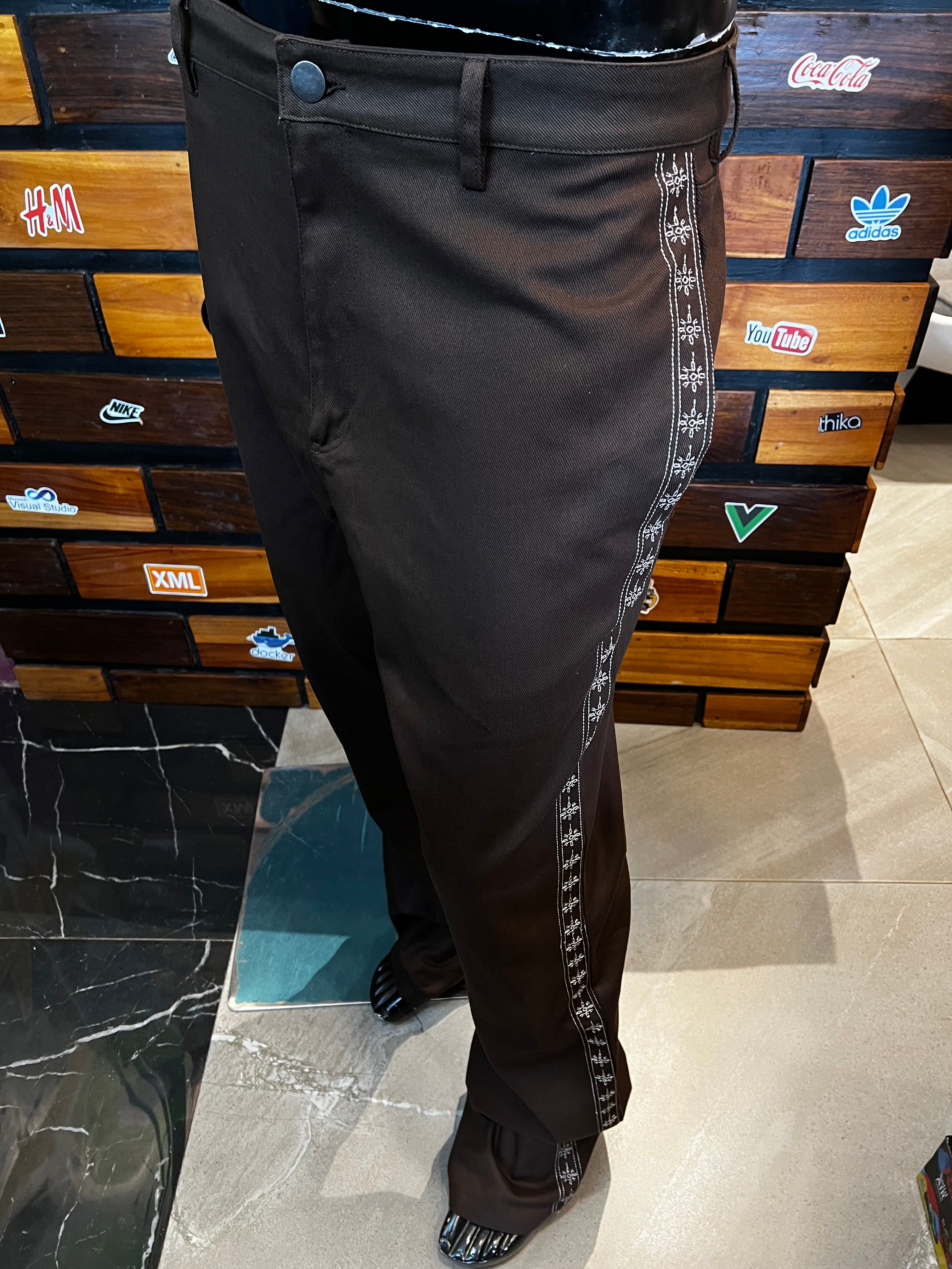 Stacked Slim Flare On A Loop Embroidered Stitch Pant - Brown
