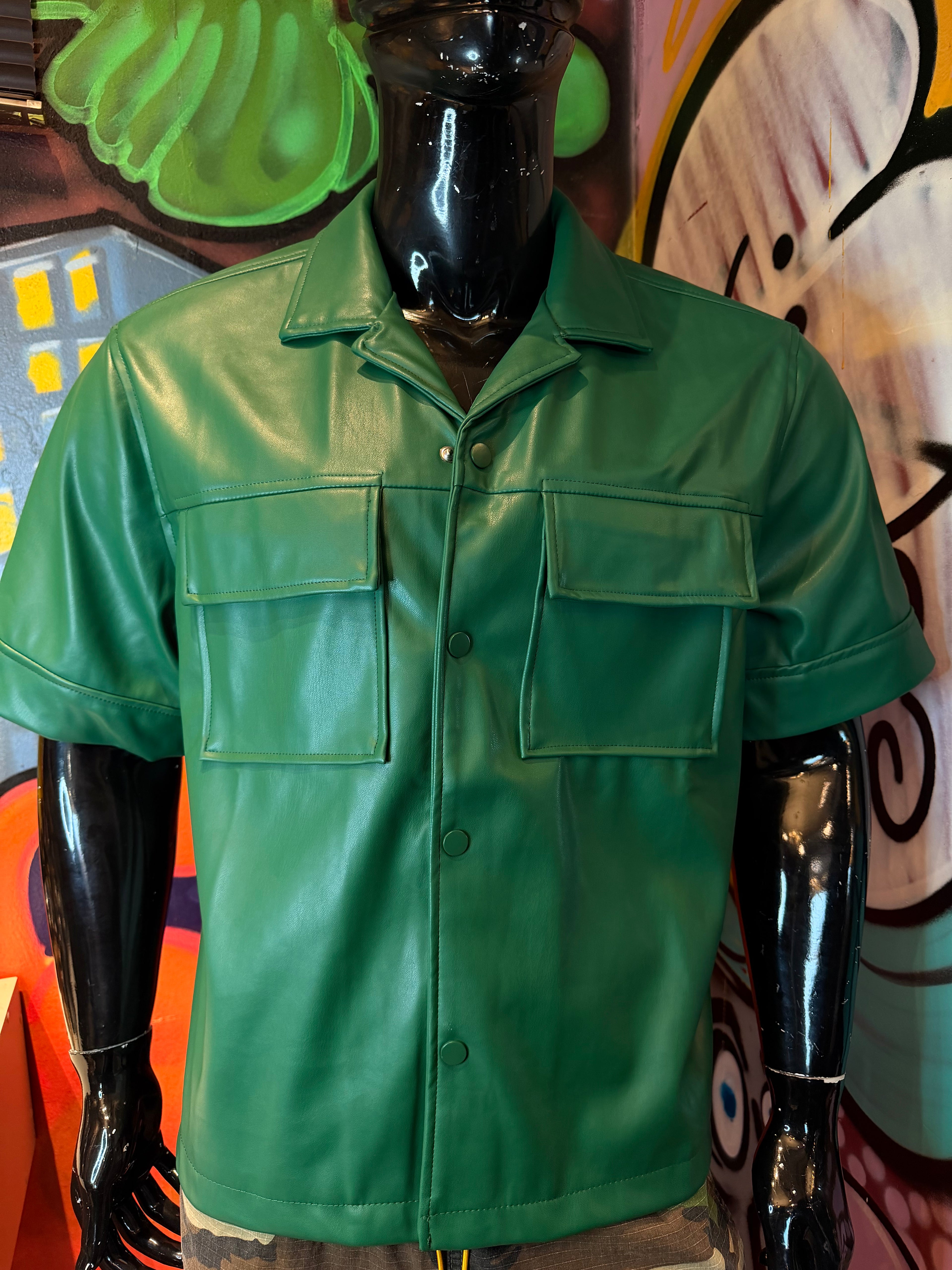 Cropped High Stepper Faux Leather Button Up Shirt - Hunter