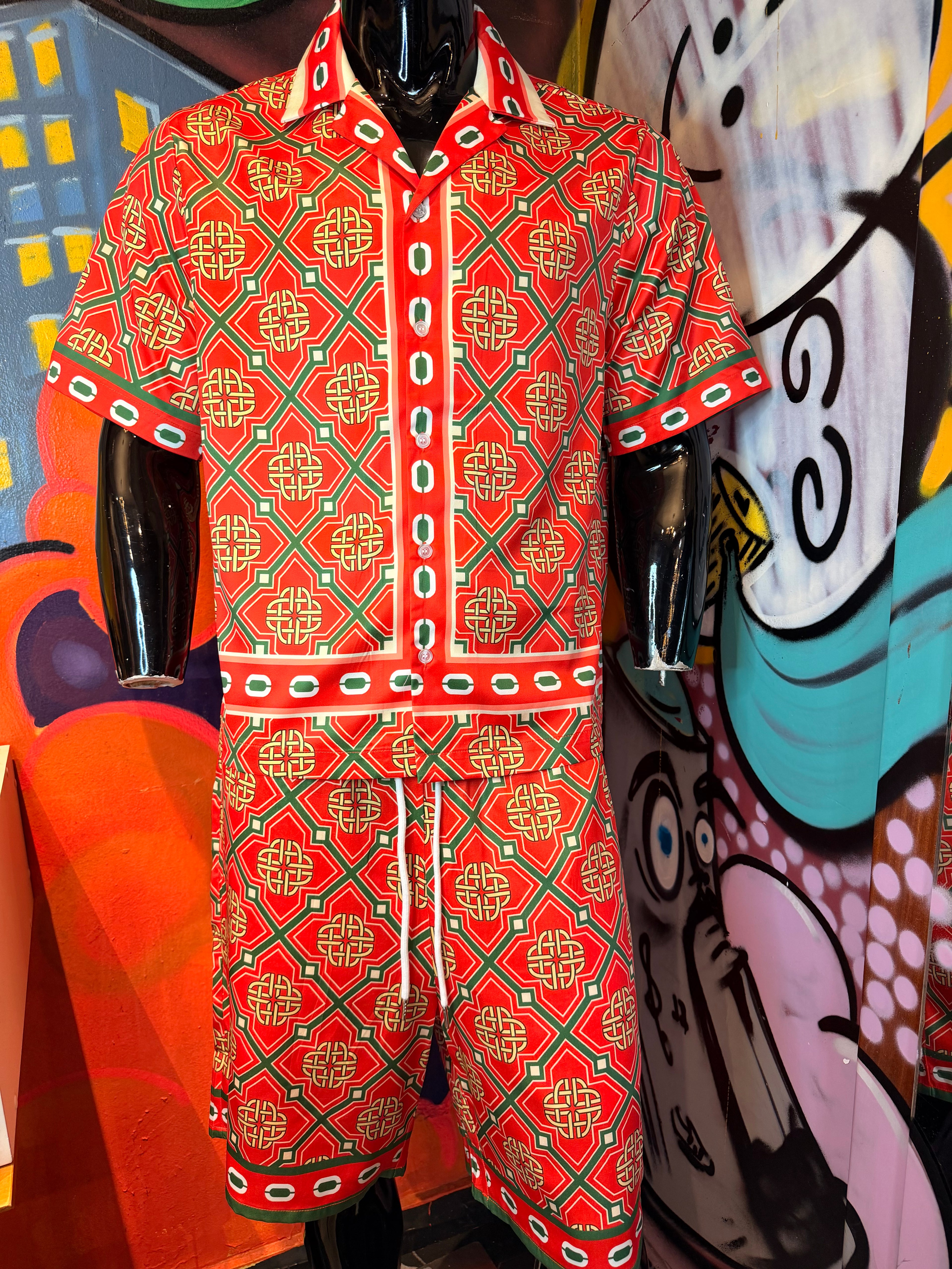 Royal Geometric Cuban Collar Button Up Shirt - Red/combo