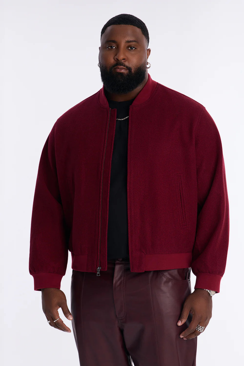 Classic Faux Wool Bomber Jacket - Burgundy