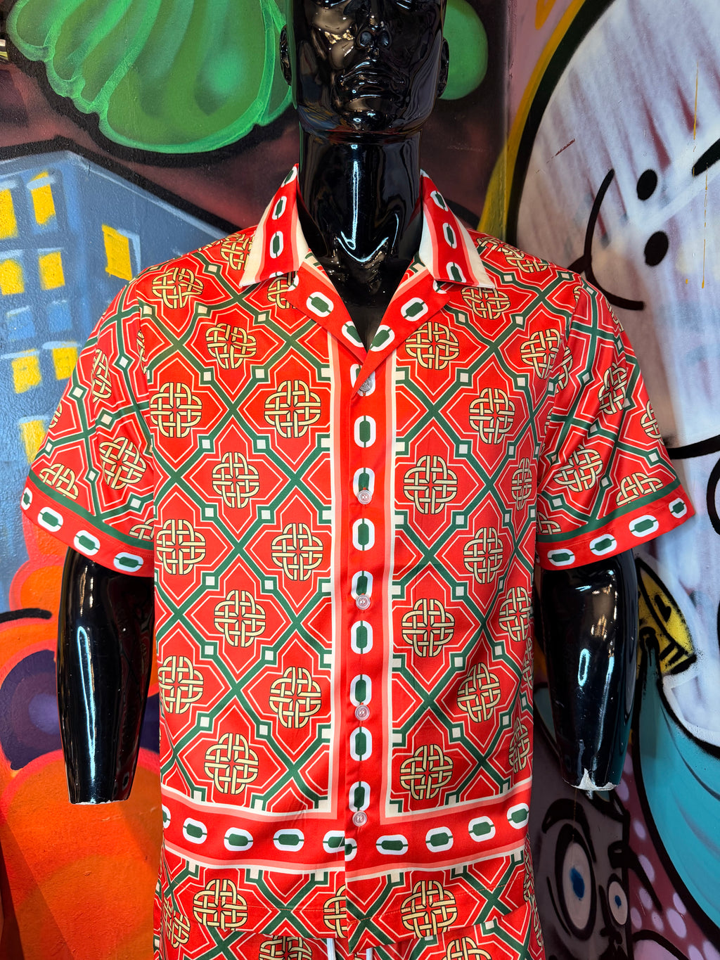 Royal Geometric Cuban Collar Button Up Shirt - Red/combo