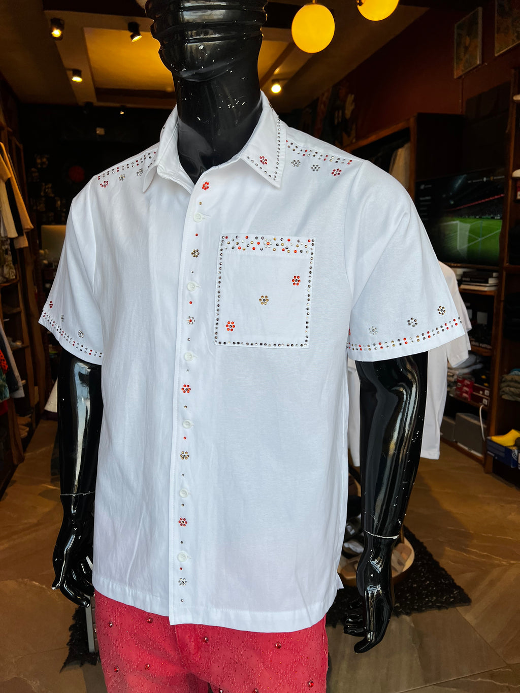 Midnight Blossom Rhinestone Button Up - White