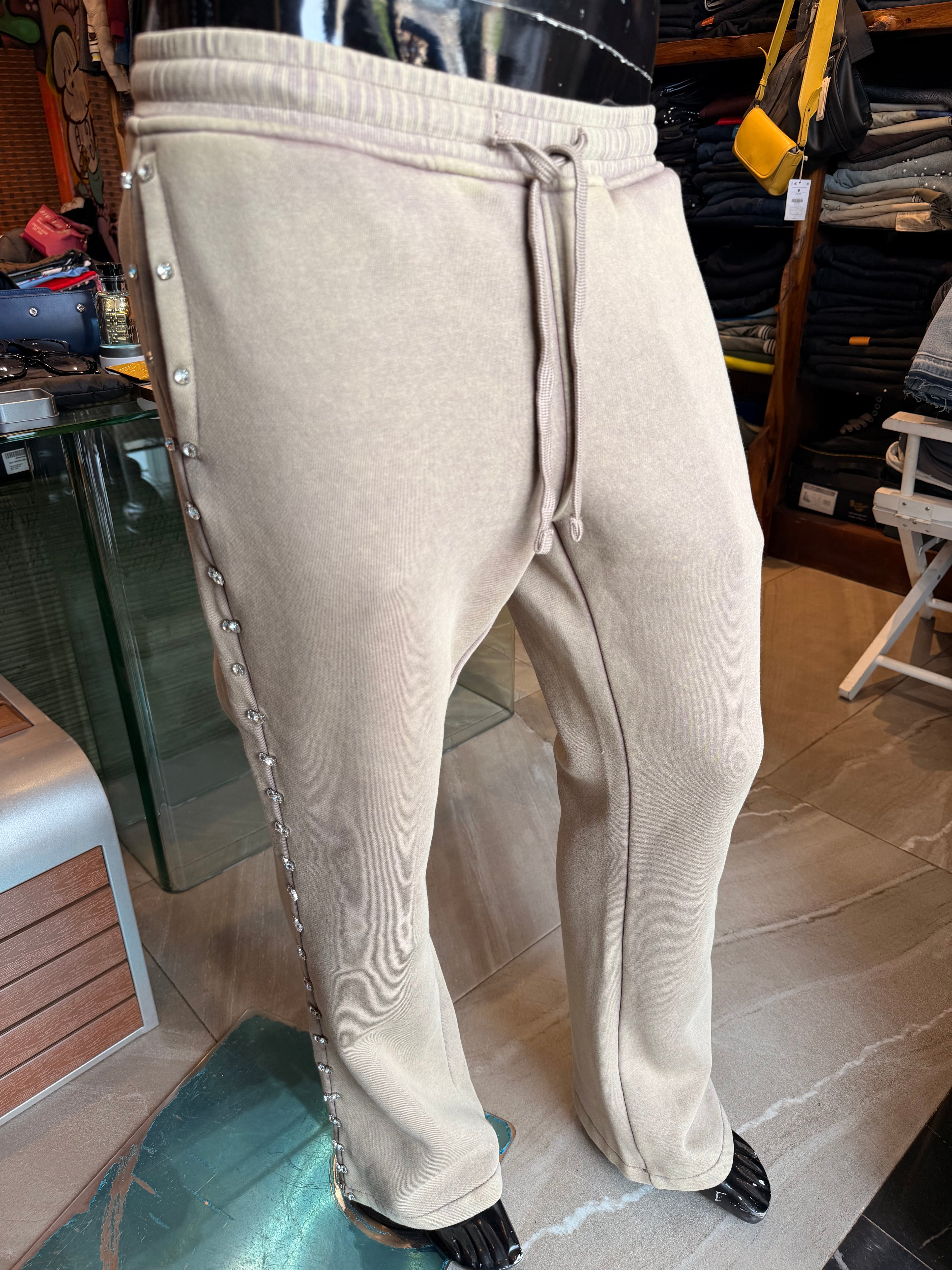 Ice Cold Rhinestones Relaxed Sweatpants - Taupe