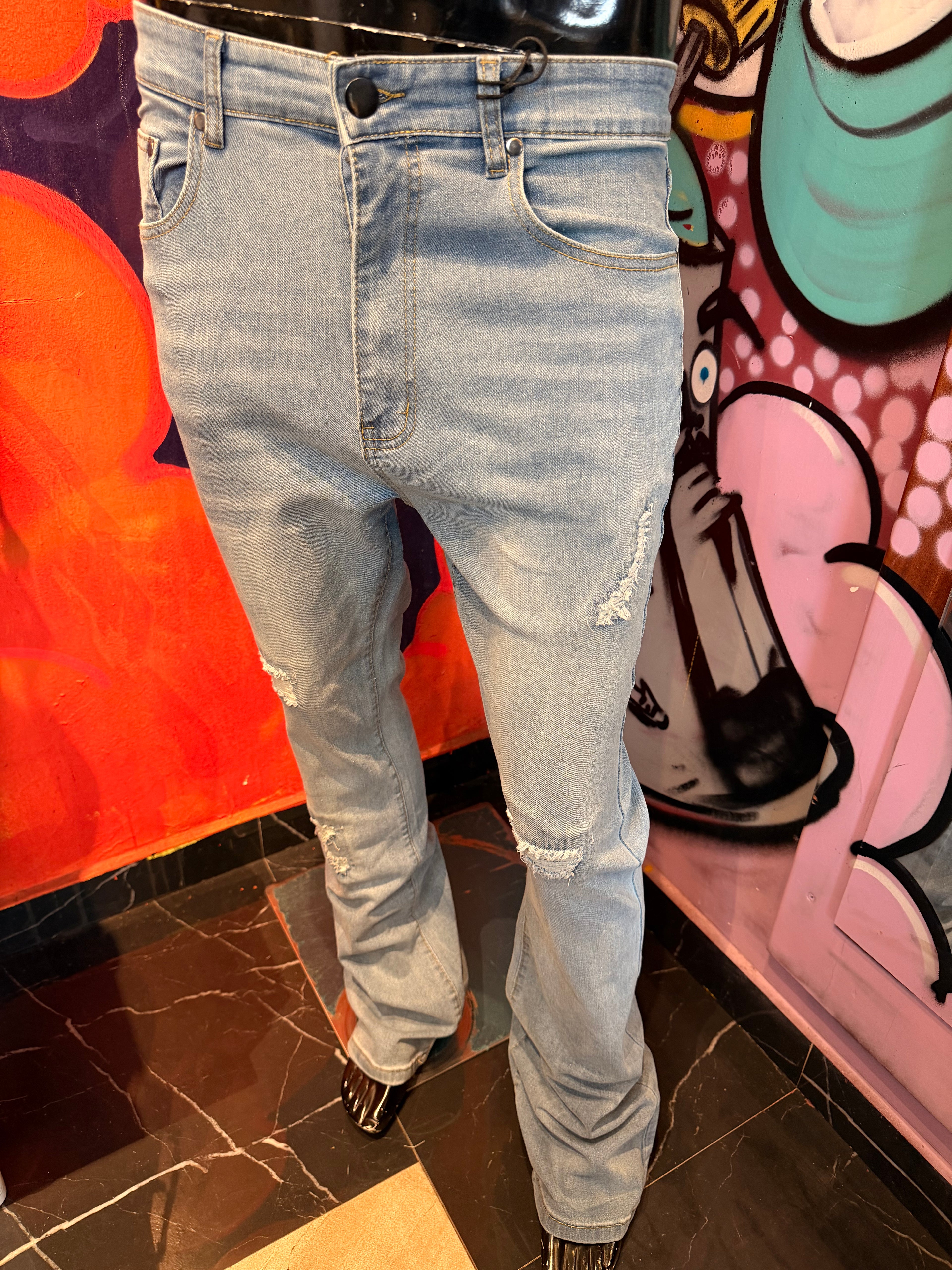 Stacked Skinny Flare Threaded Destroyed Jeans - Light Blue Wash
