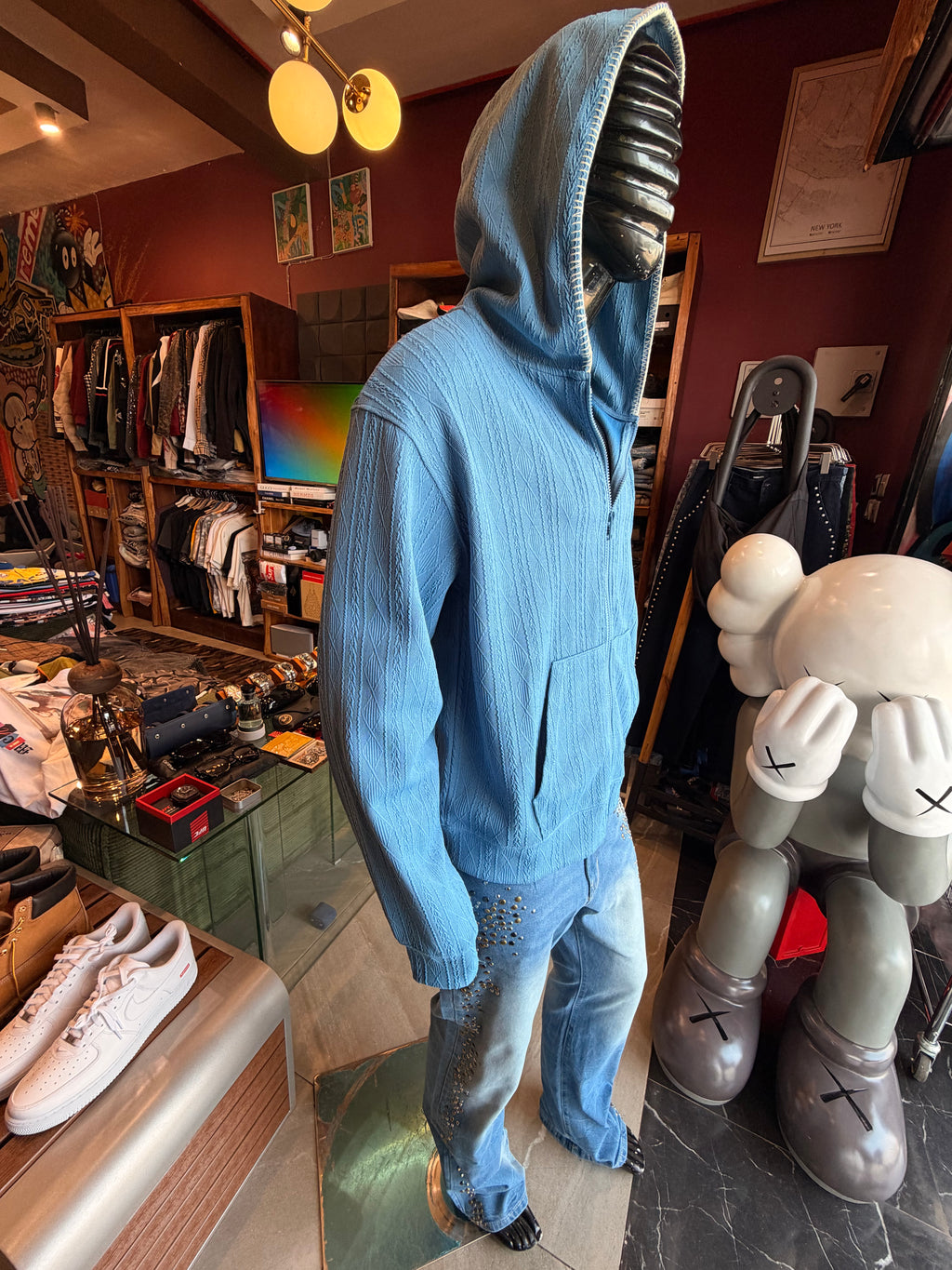 Cable Knit Textured Stitched Hooded Jacket - Blue