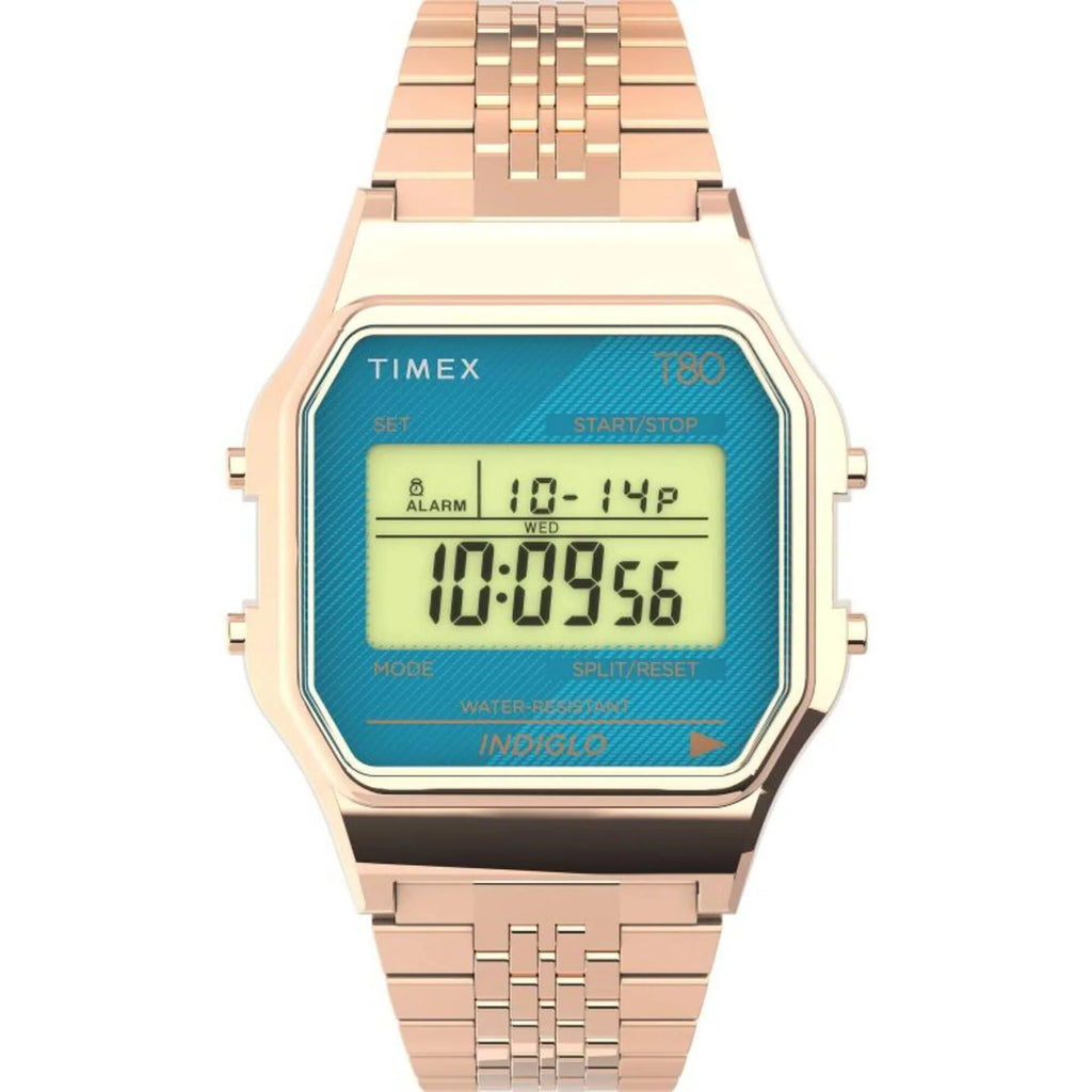Timex Unisex Watch - T80 Blue Digital Dial Rose Gold Tone Bracelet | TW2U93600YB