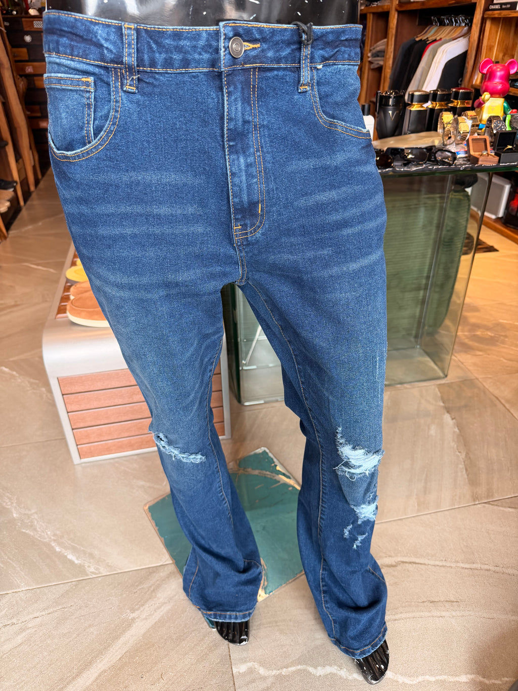 Stacked Skinny Flare Slit Dare Me Distressed Jean - Dark Wash
