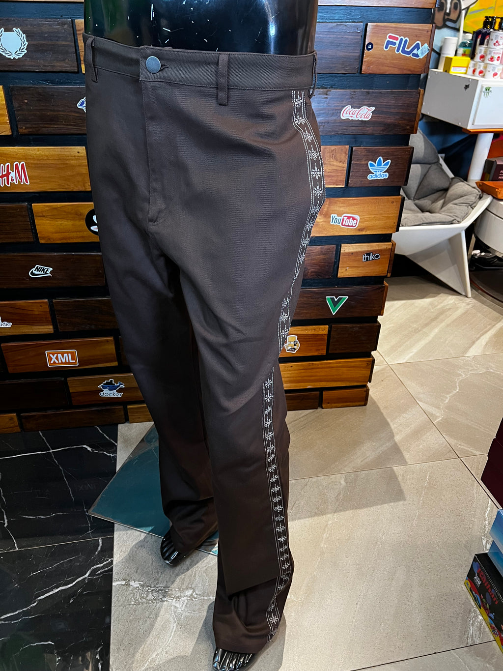 Stacked Slim Flare On A Loop Embroidered Stitch Pant - Brown