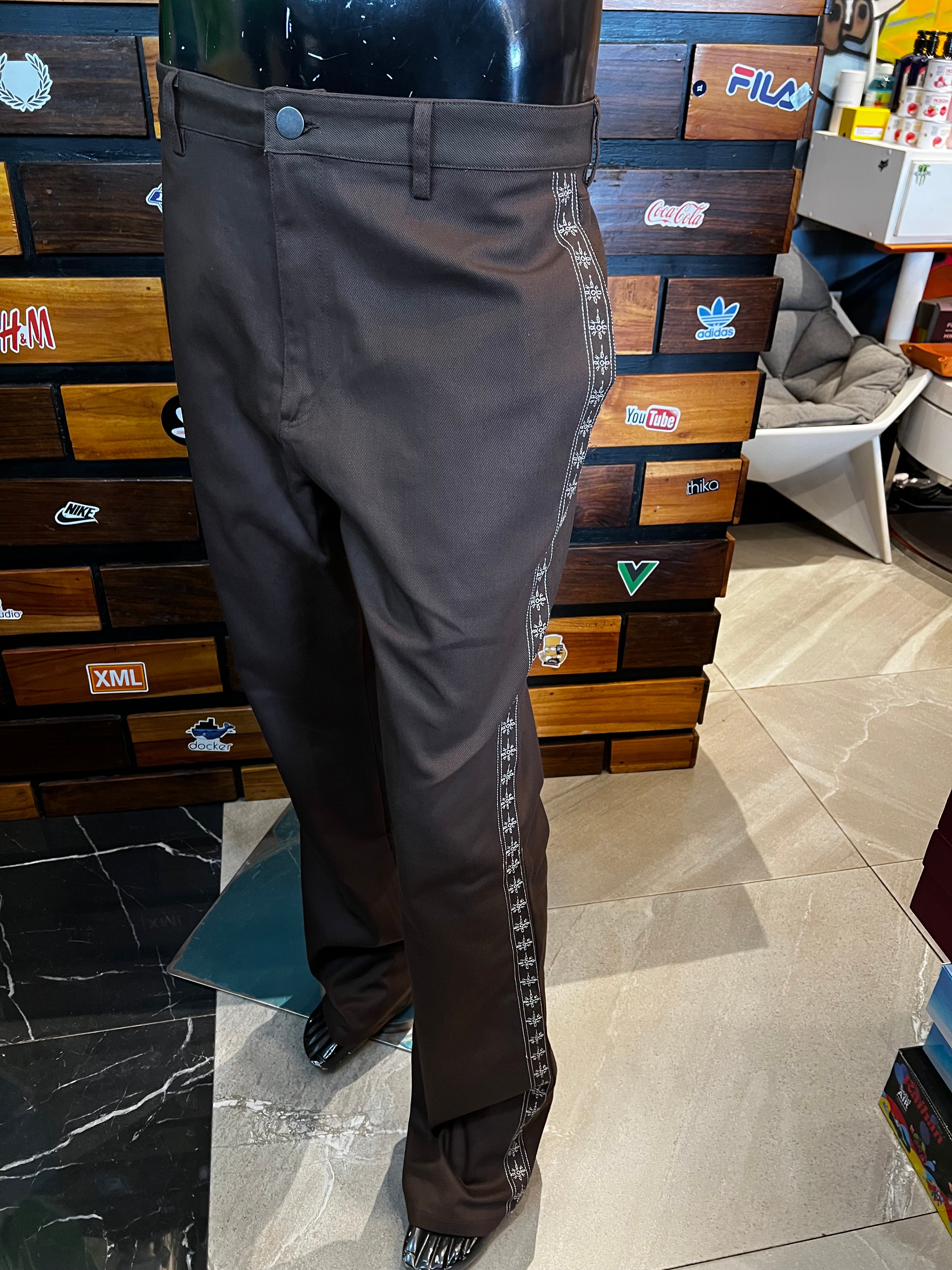 Stacked Slim Flare On A Loop Embroidered Stitch Pant - Brown