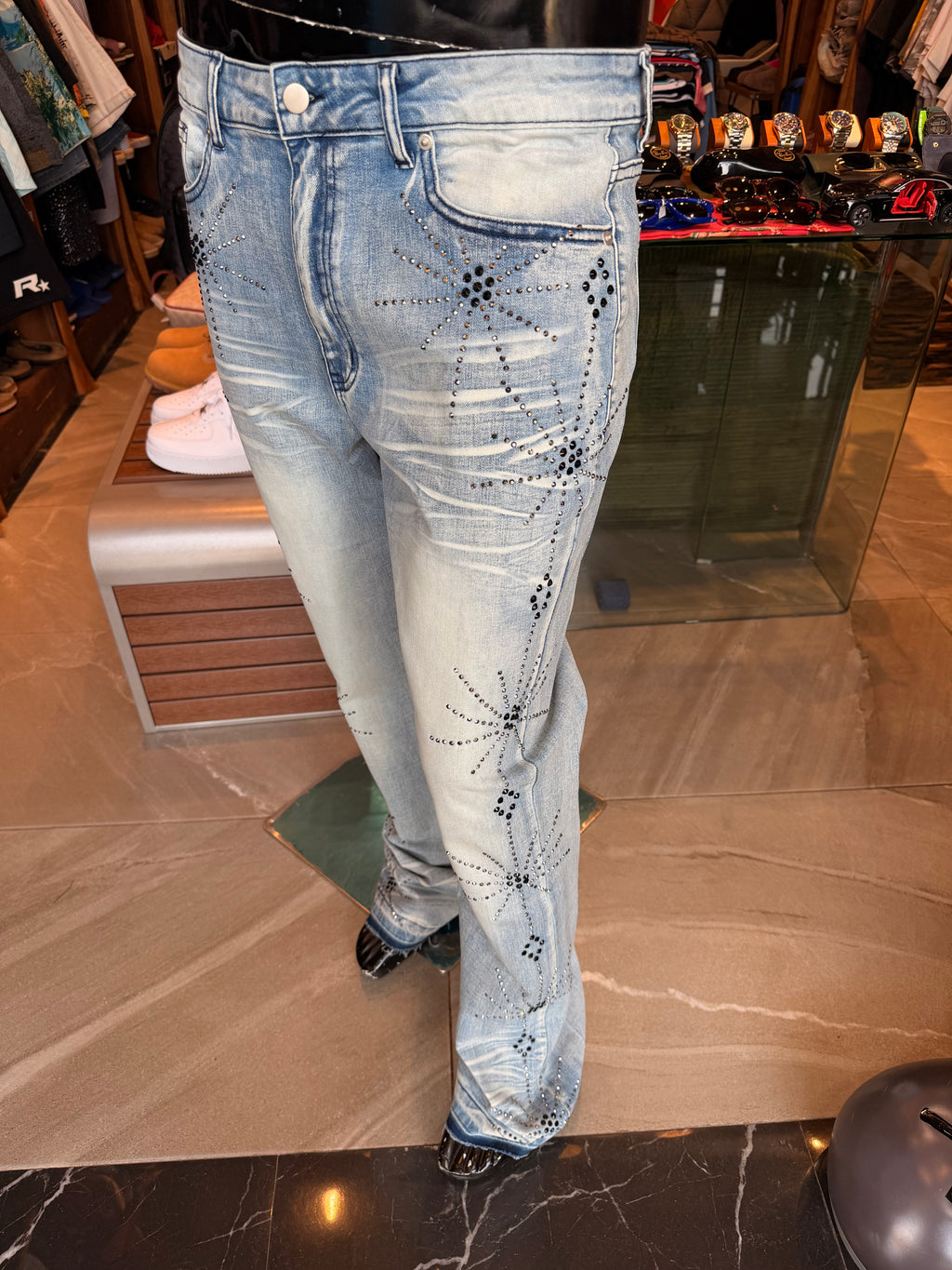 Stacked Skinny Flare Starburst Shine Jeweled Jean - Light Wash