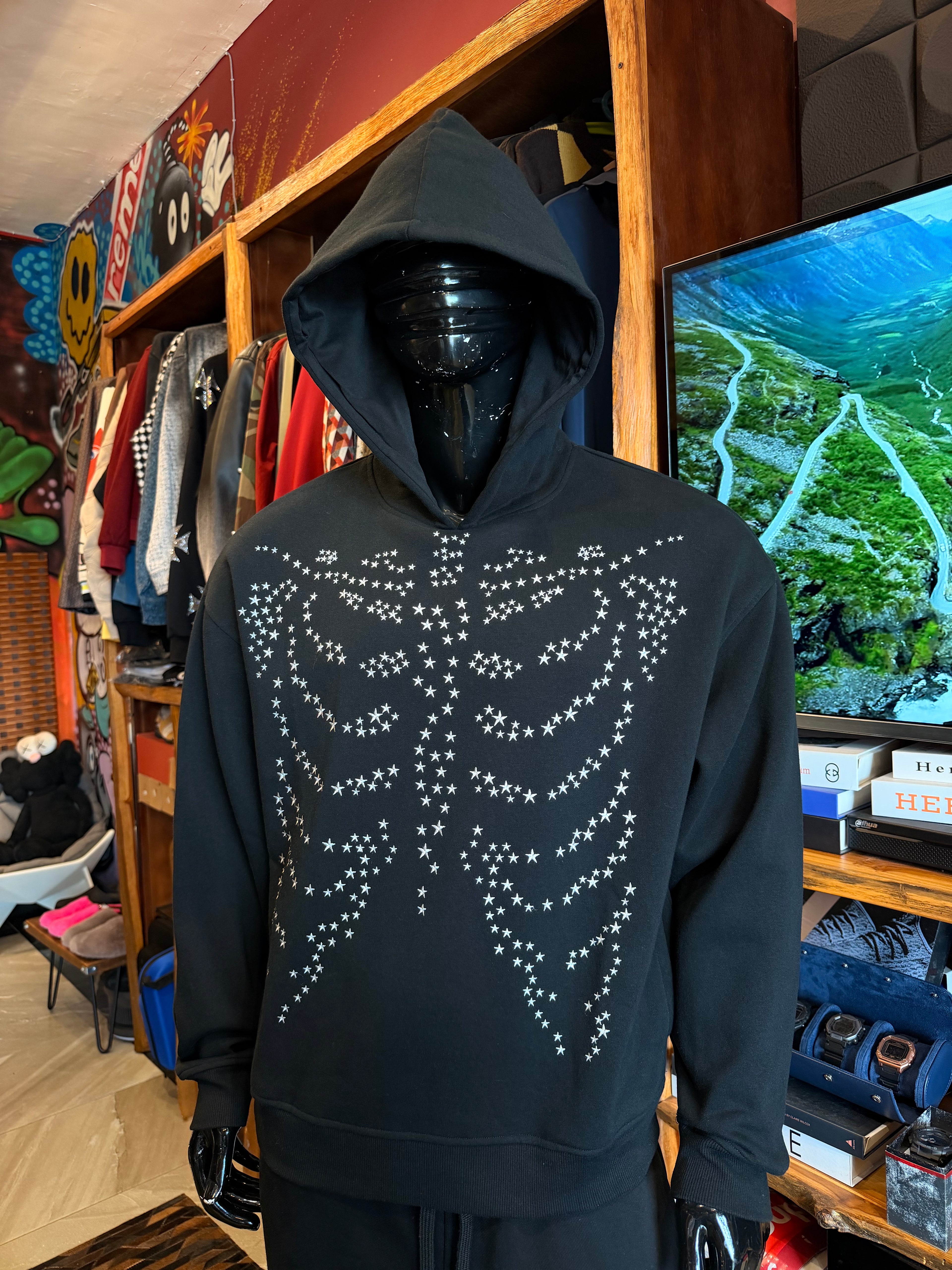 Skeleton Stars Embroidered Oversized Hoodie - Black