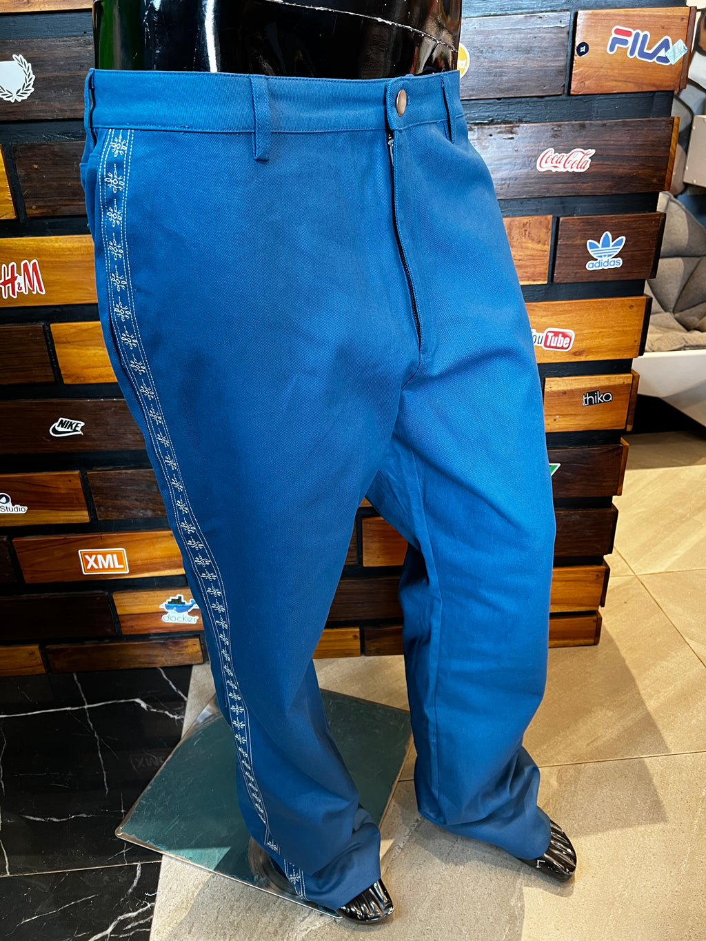 Stacked Slim Flare On A Loop Embroidered Stitch Pant - Blue