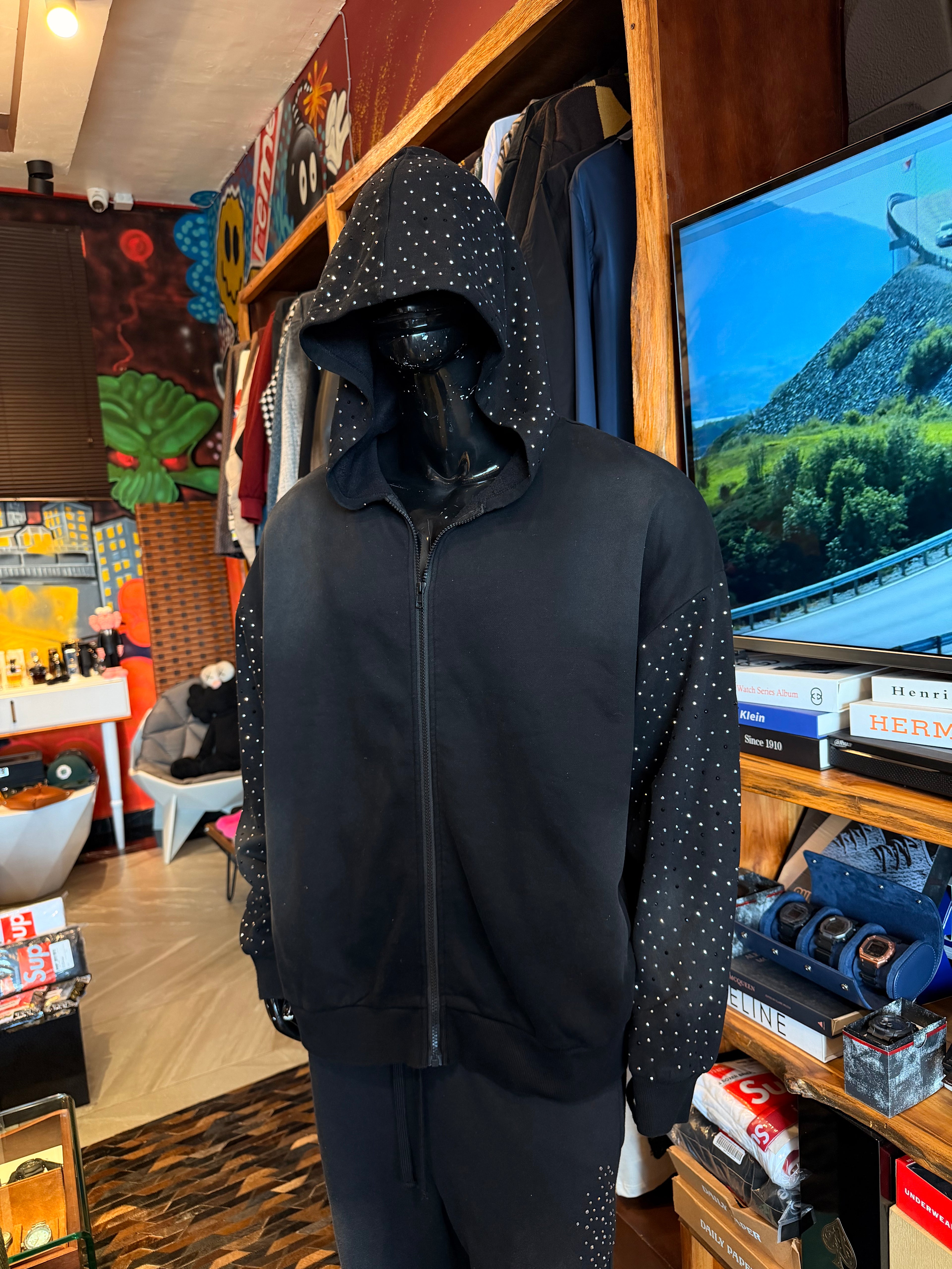 City Code Embellished Zip Up Hoodie - Black