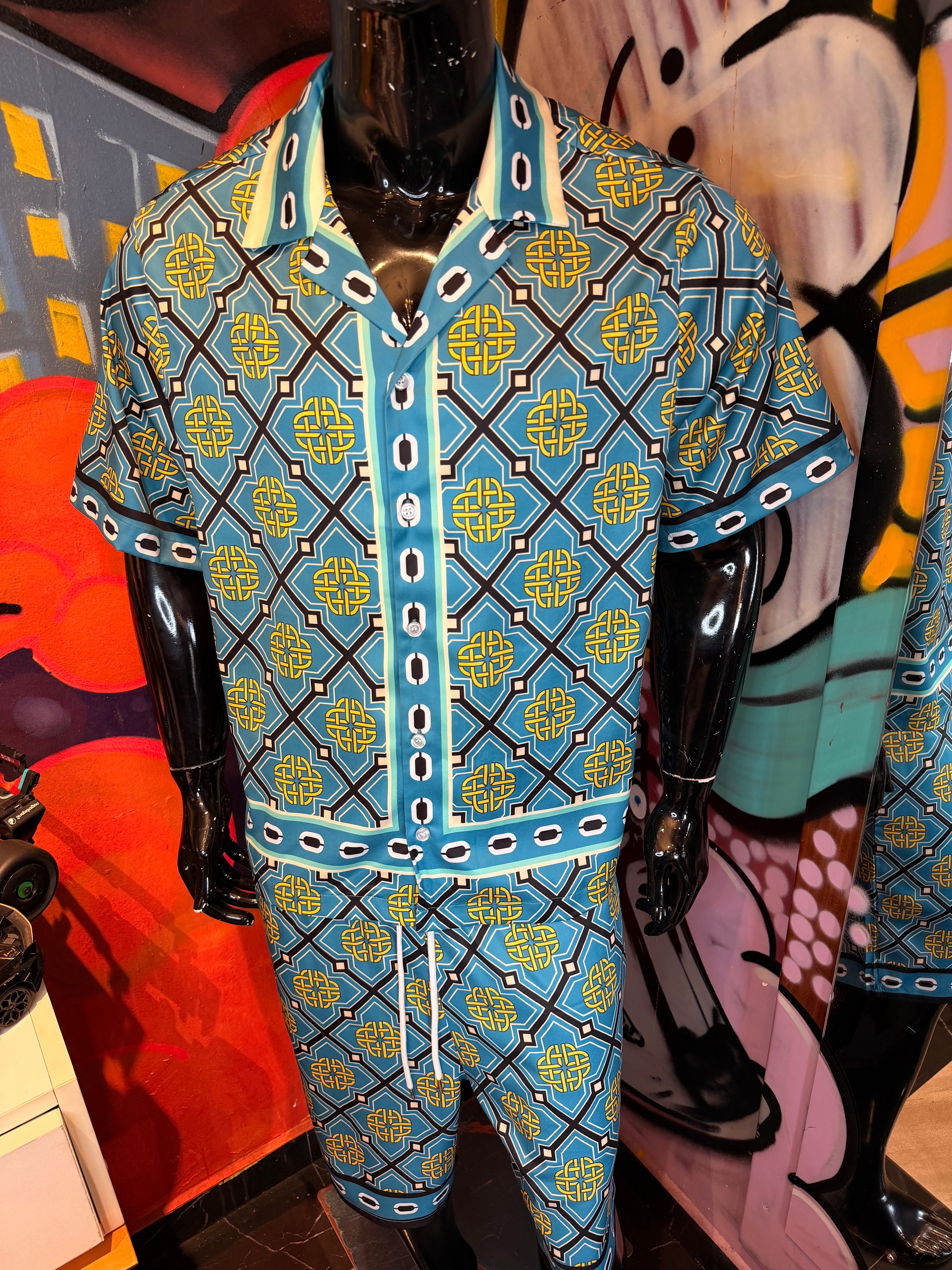 Royal Geometric Cuban Collar Button Up Shirt - Teal