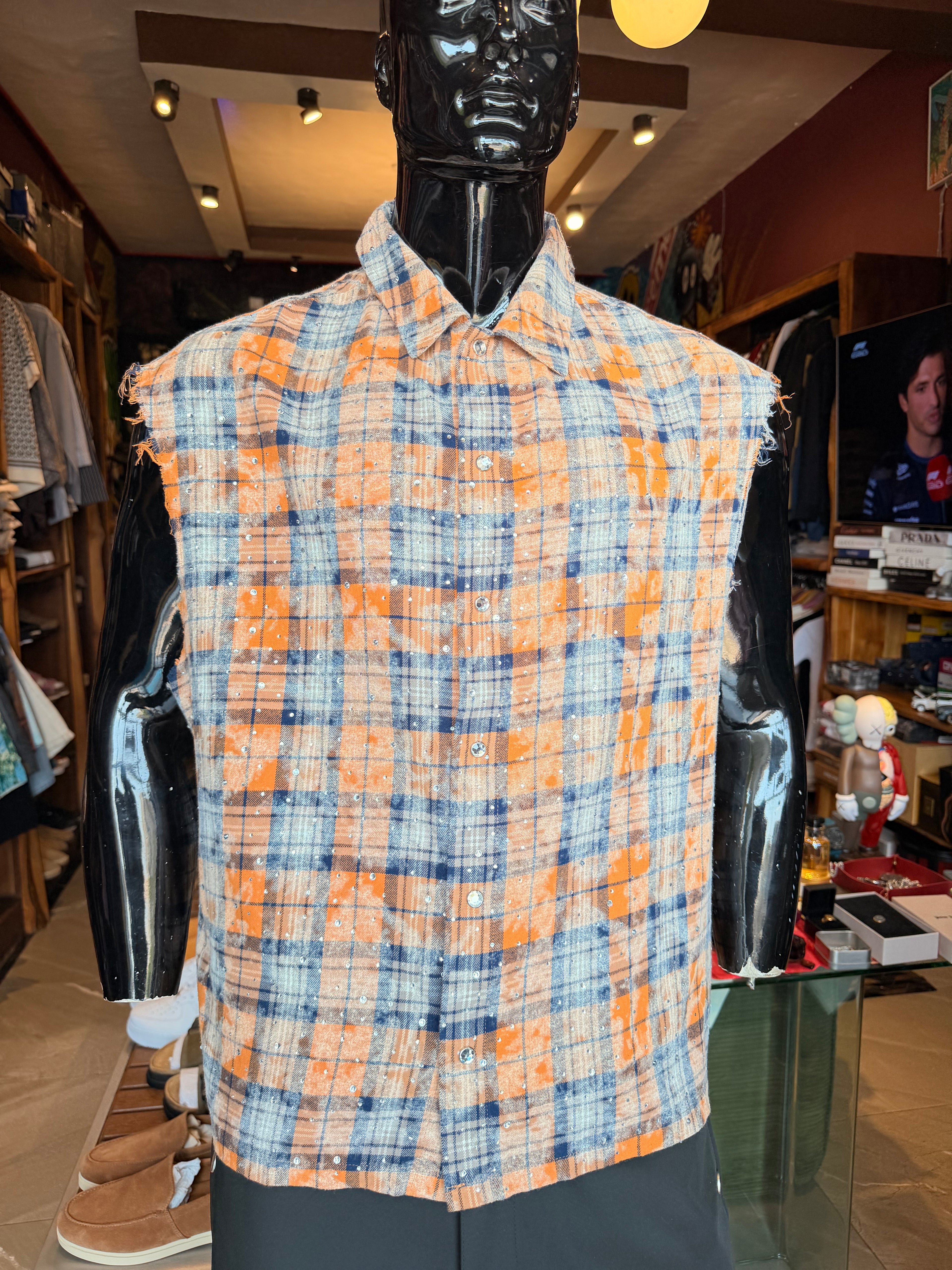 Rhinestone Rain Sleeveless Plaid Flannel - Gold