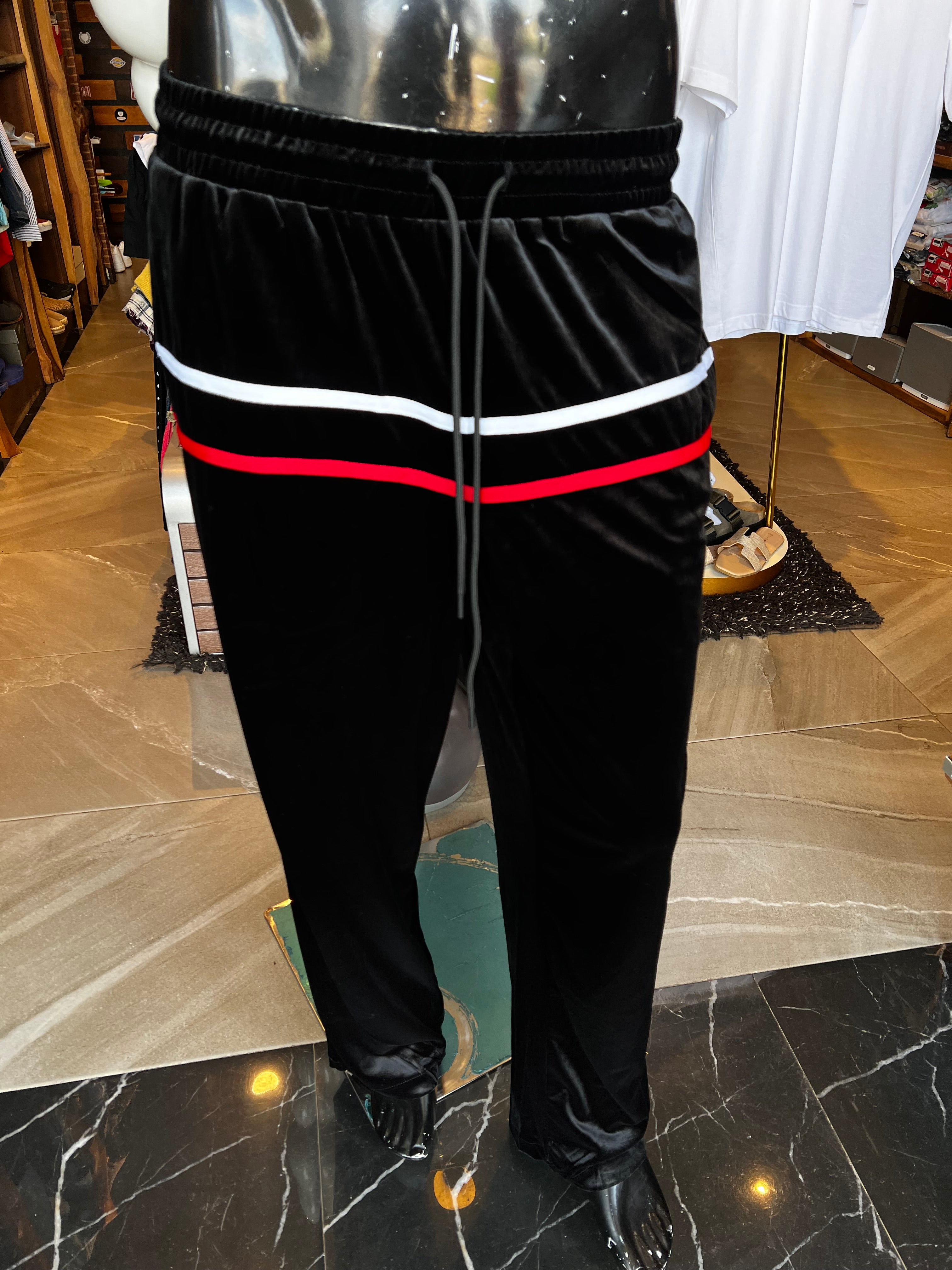 Velour Piped Courtside Straight Track Pant - Black/Red