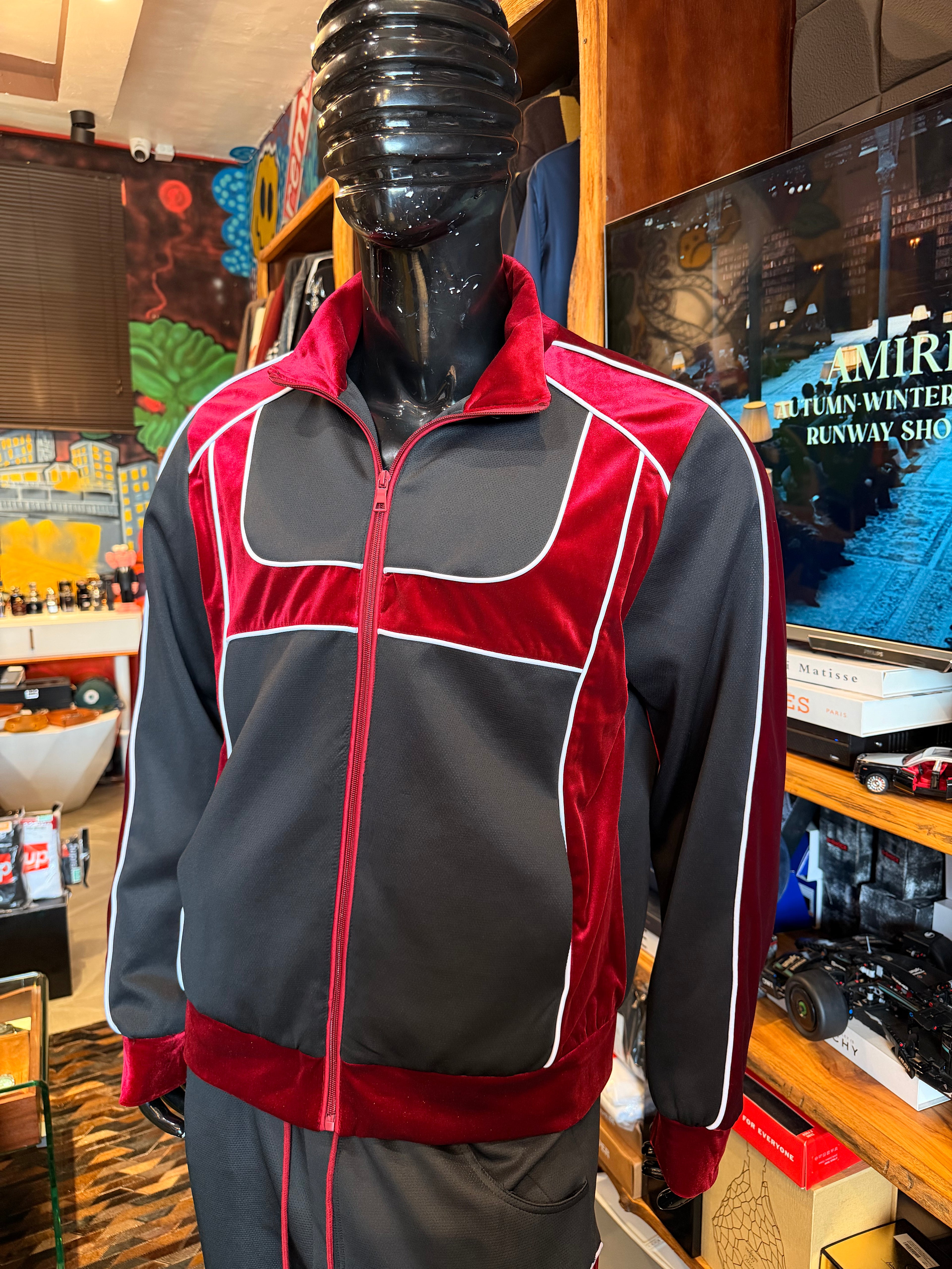 Relaxed Lexington Funnel Neck Velour Track Jacket - Burgundy