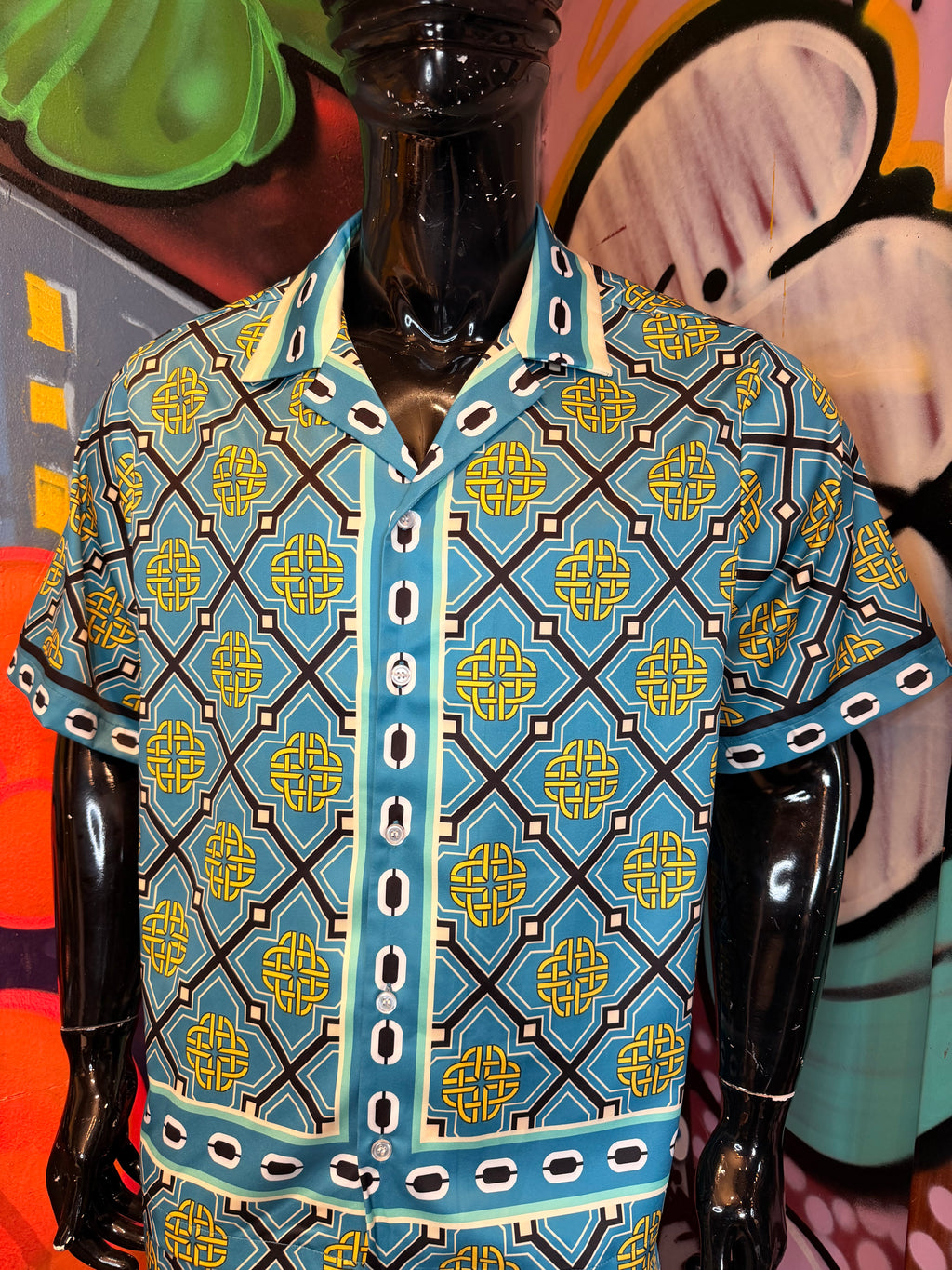 Royal Geometric Cuban Collar Button Up Shirt - Teal