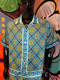Royal Geometric Cuban Collar Button Up Shirt - Teal