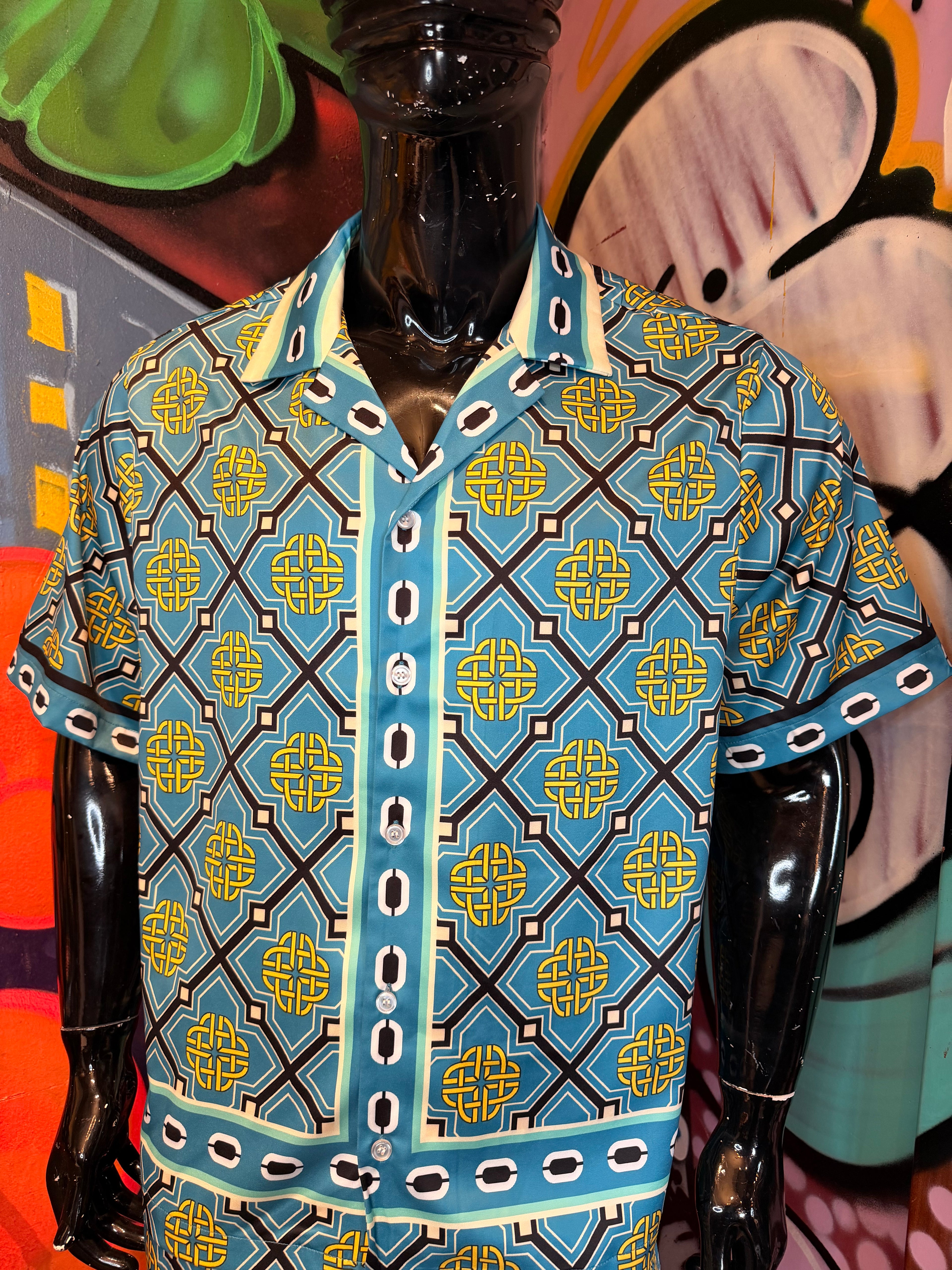 Royal Geometric Cuban Collar Button Up Shirt - Teal