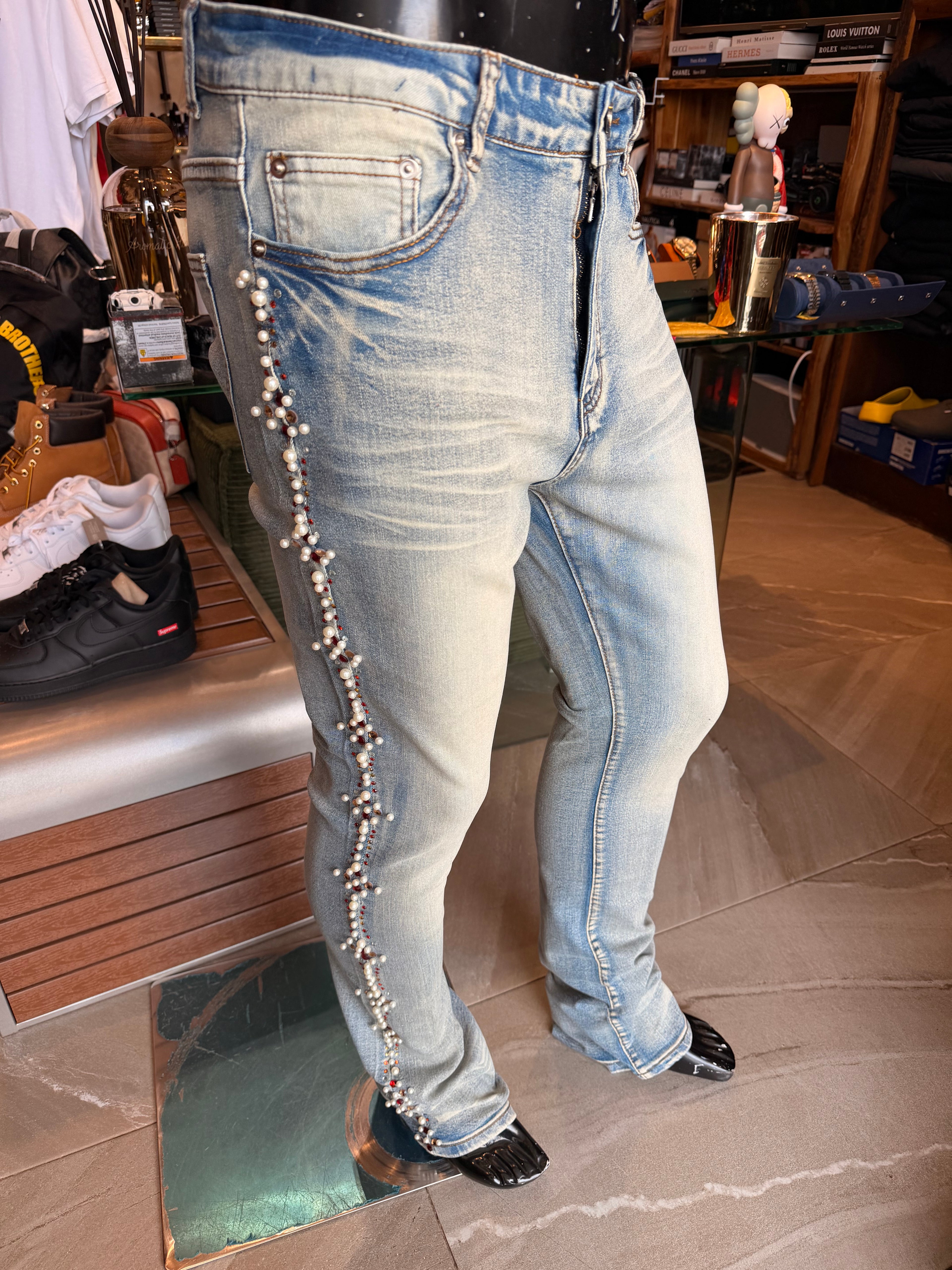 Stacked Slim Flare Pearls Within The Jewels Jean - Medium Wash