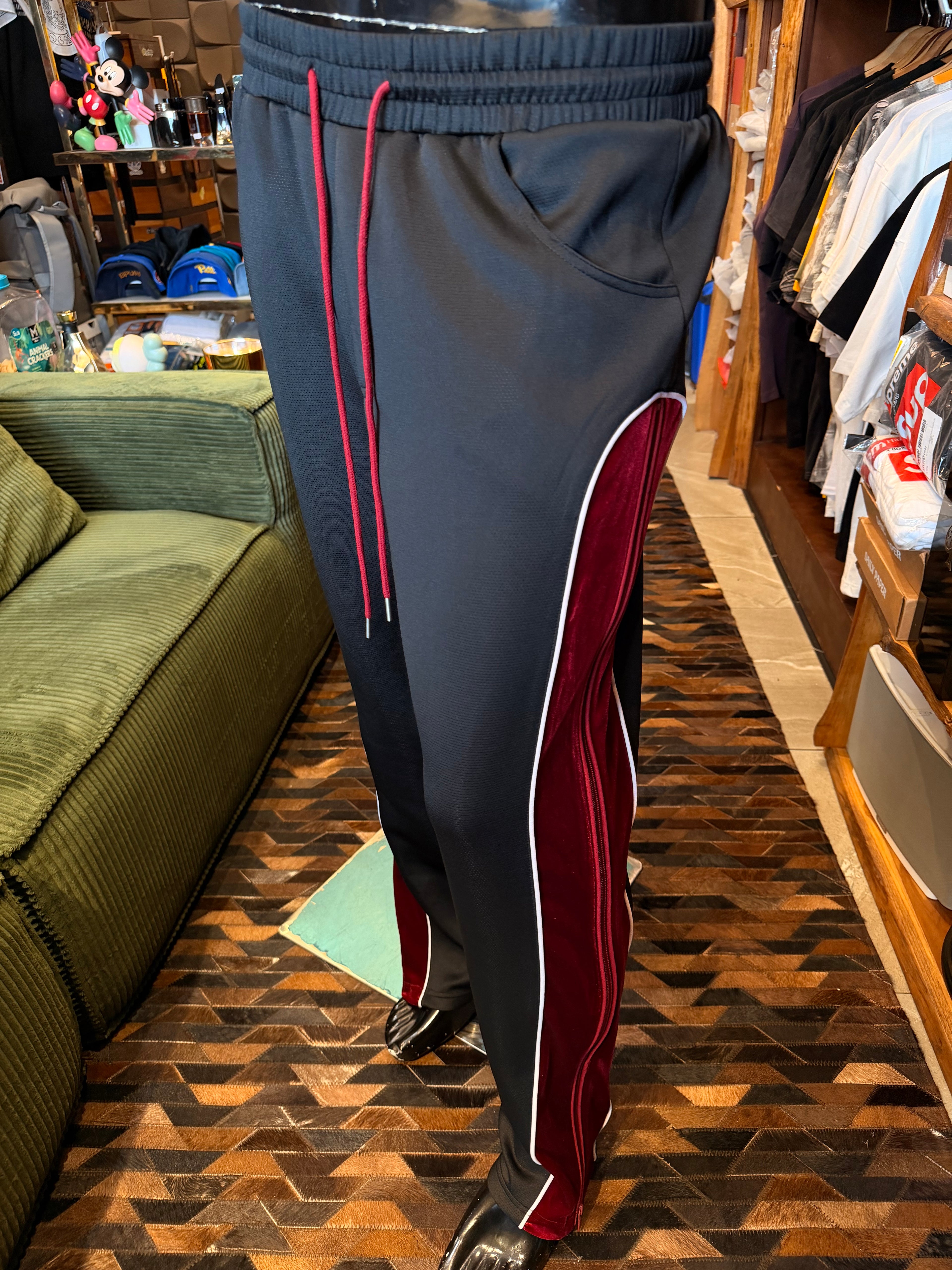 Slim Lexington Velour Side Track Pant - Burgundy