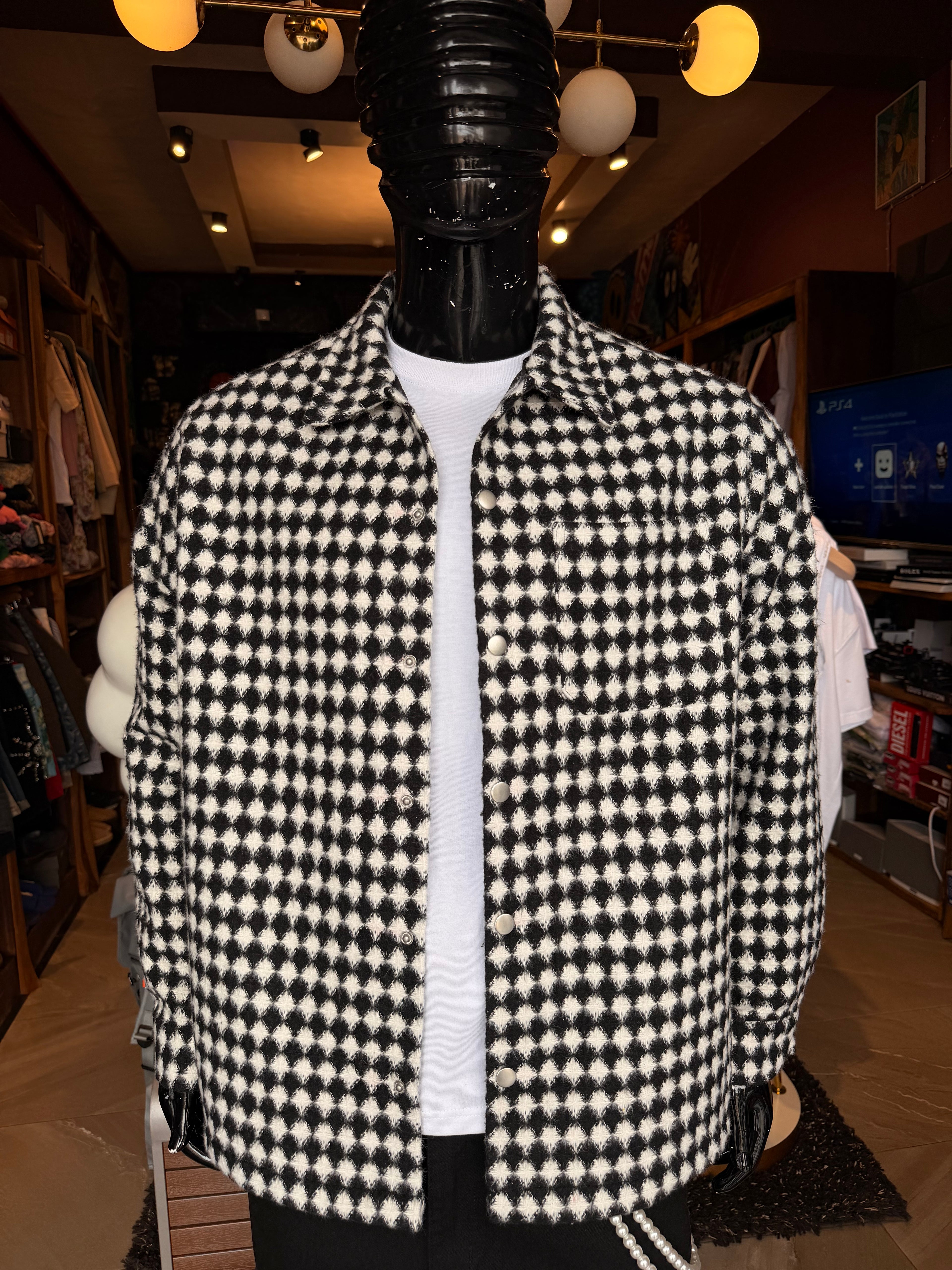 Textured Strike Out Shacket - Black/White