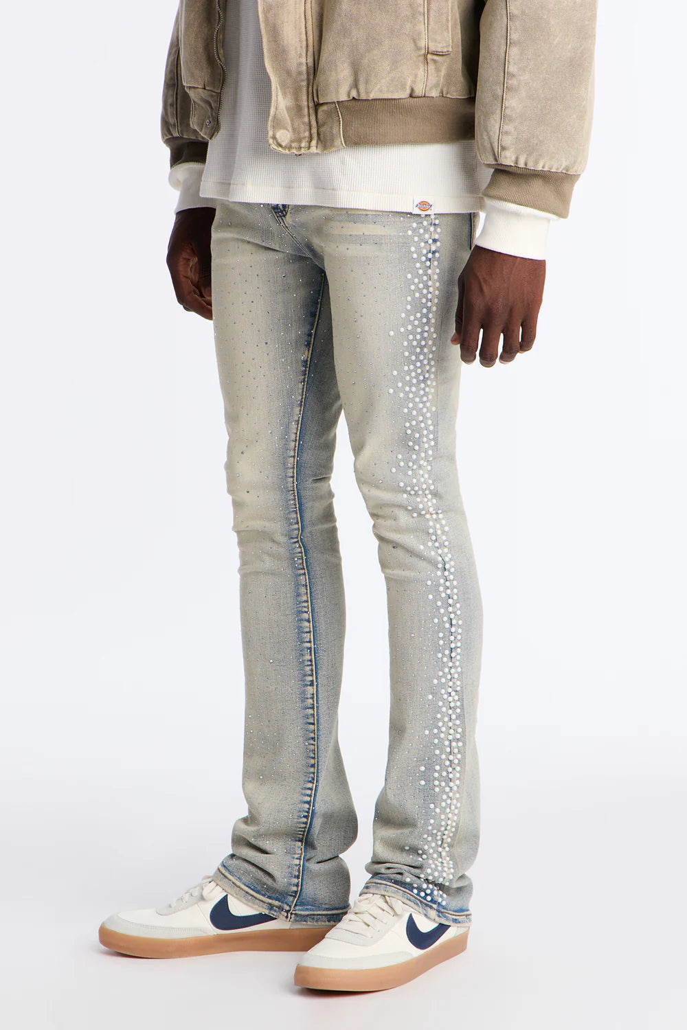 Stacked Skinny Flare Fancy Me Pearls With Jewel Jean - Medium Wash