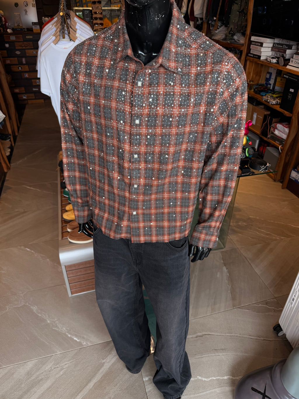 Cropped Axis Studded Plaid Button Up Shirt - Brown