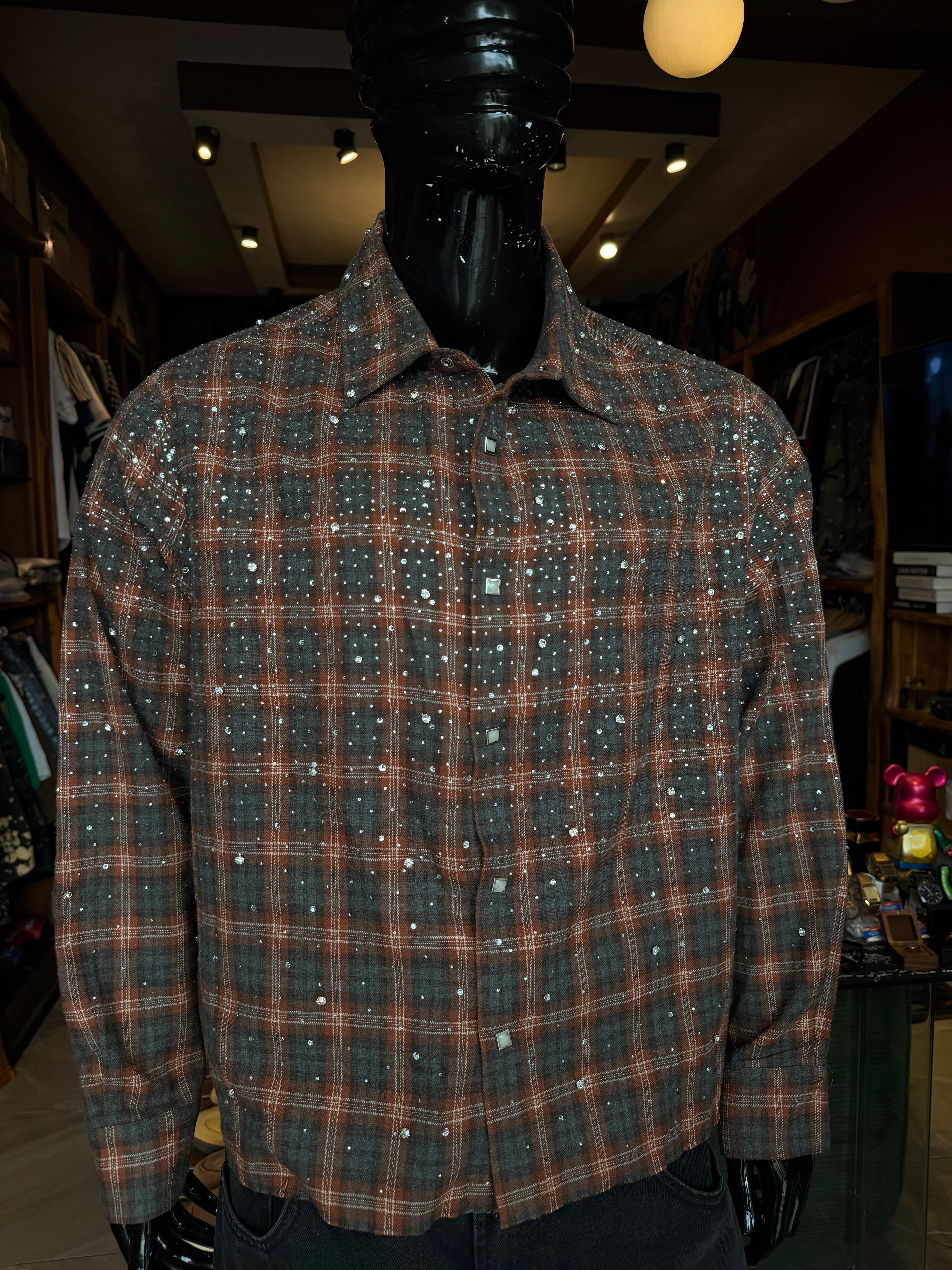 Cropped Axis Studded Plaid Button Up Shirt - Brown