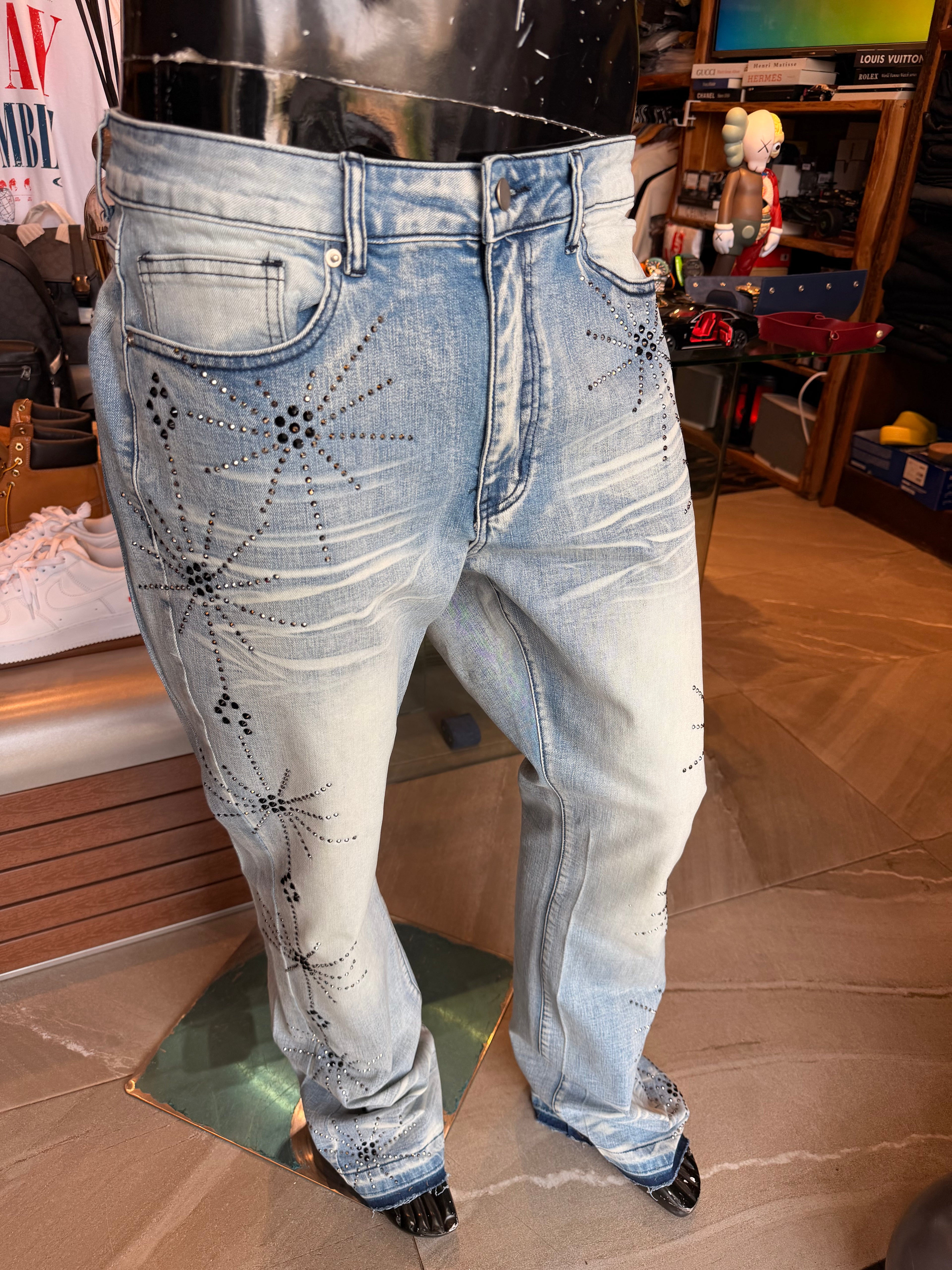 Stacked Skinny Flare Starburst Shine Jeweled Jean - Light Wash