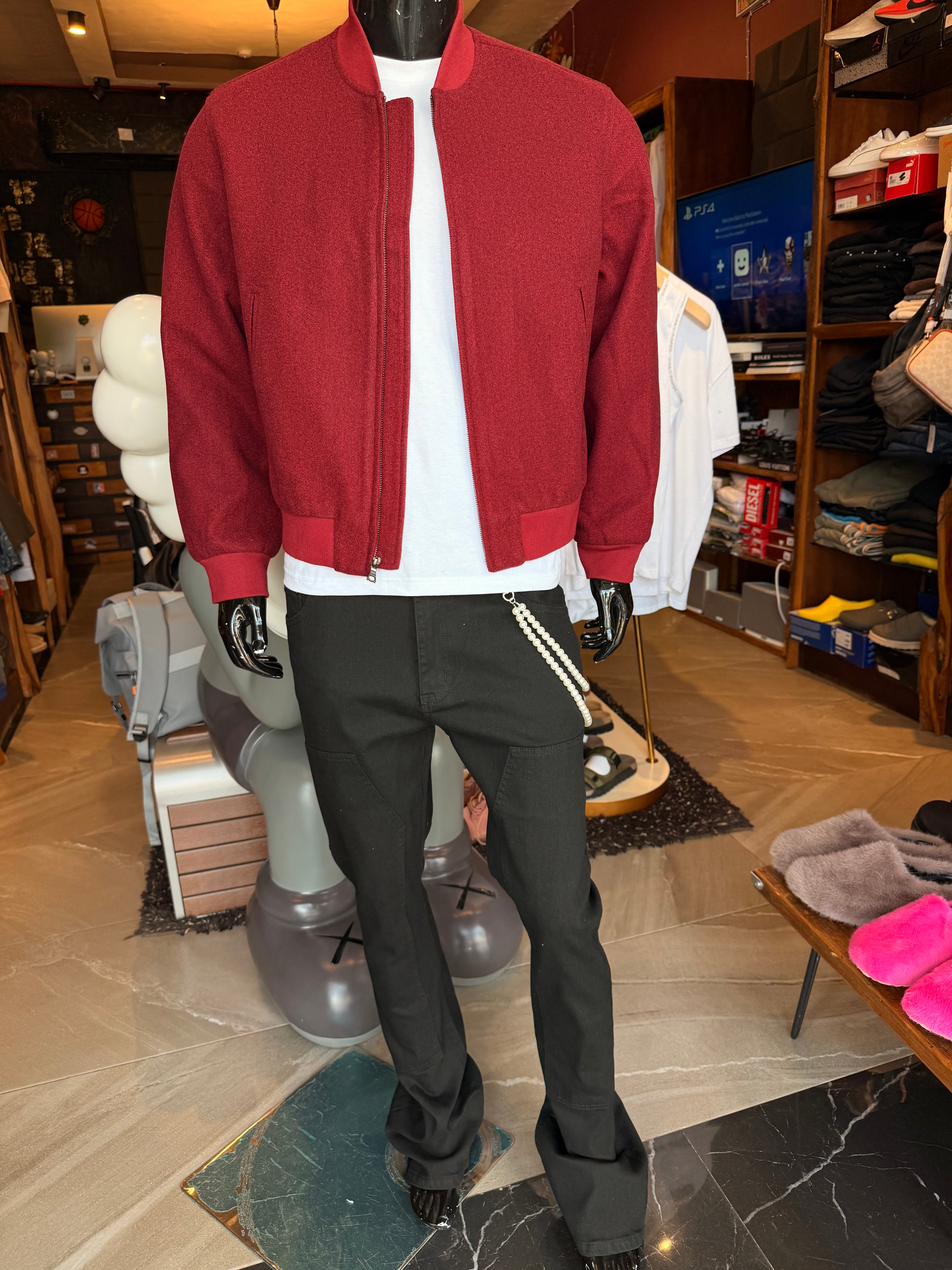 Classic Faux Wool Bomber Jacket - Burgundy