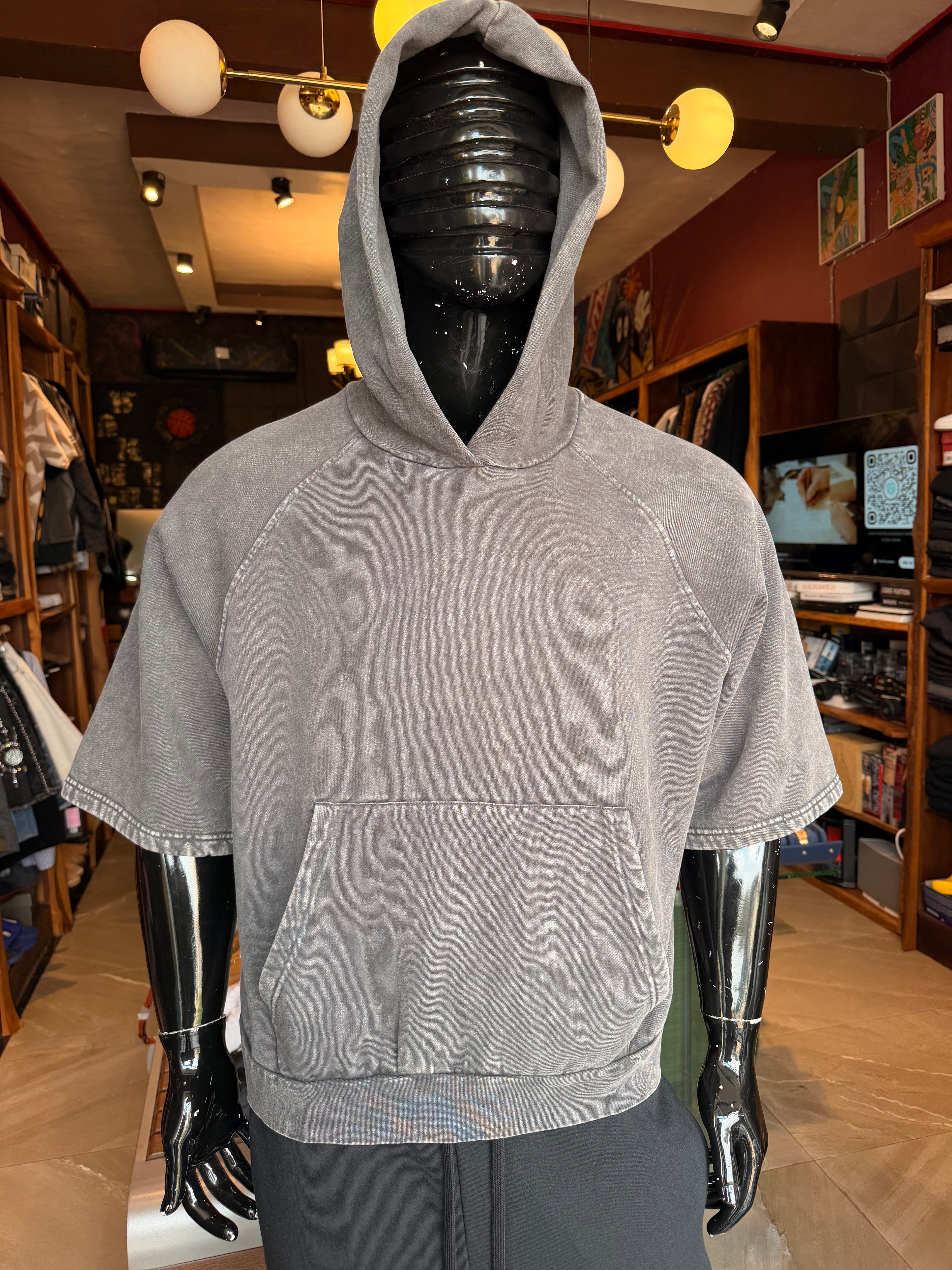 Washed Short Sleeve Hoodie - Charcoal