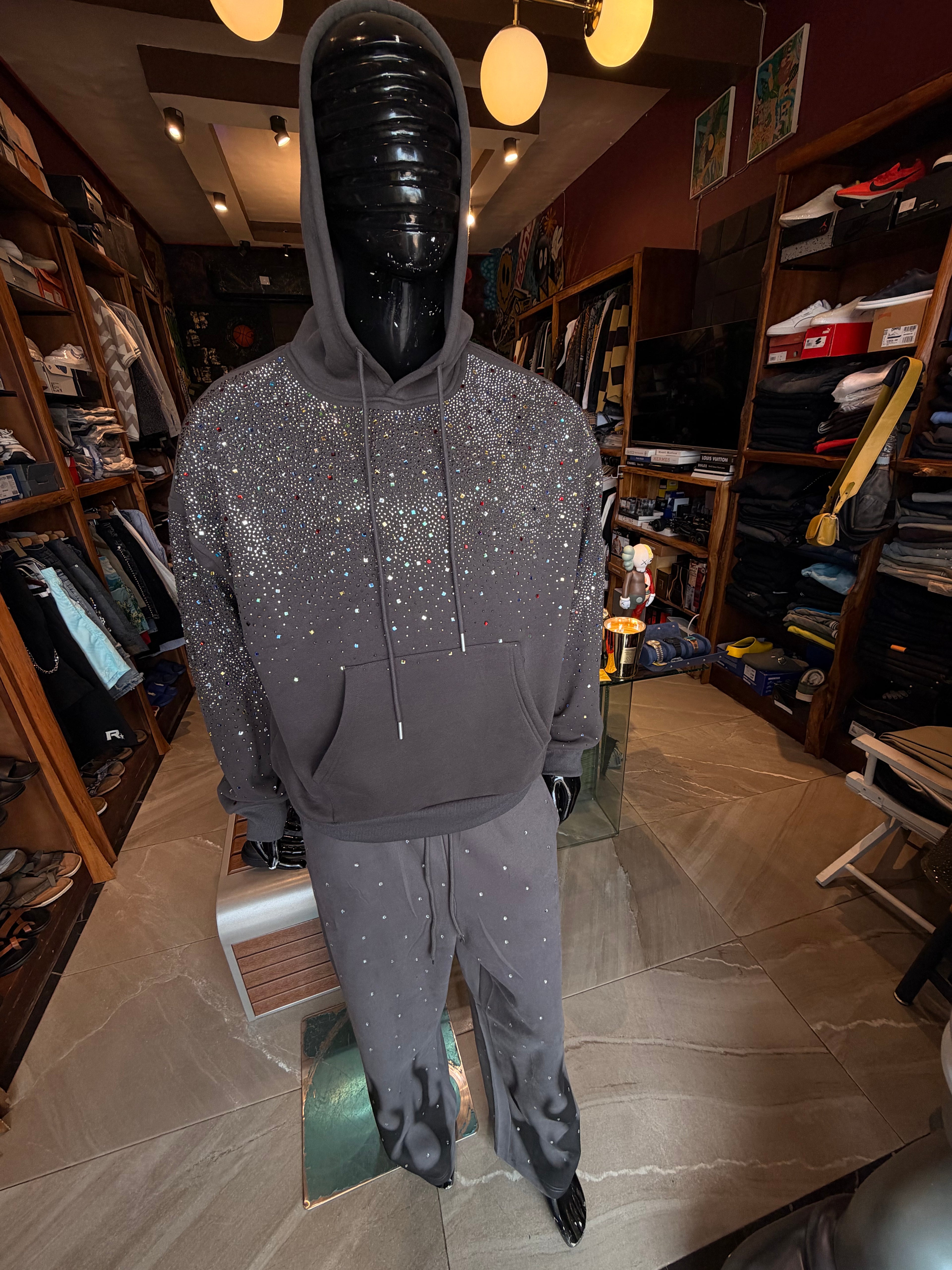 Luxury Rhinestone Oversized Hoodie - Charcoal