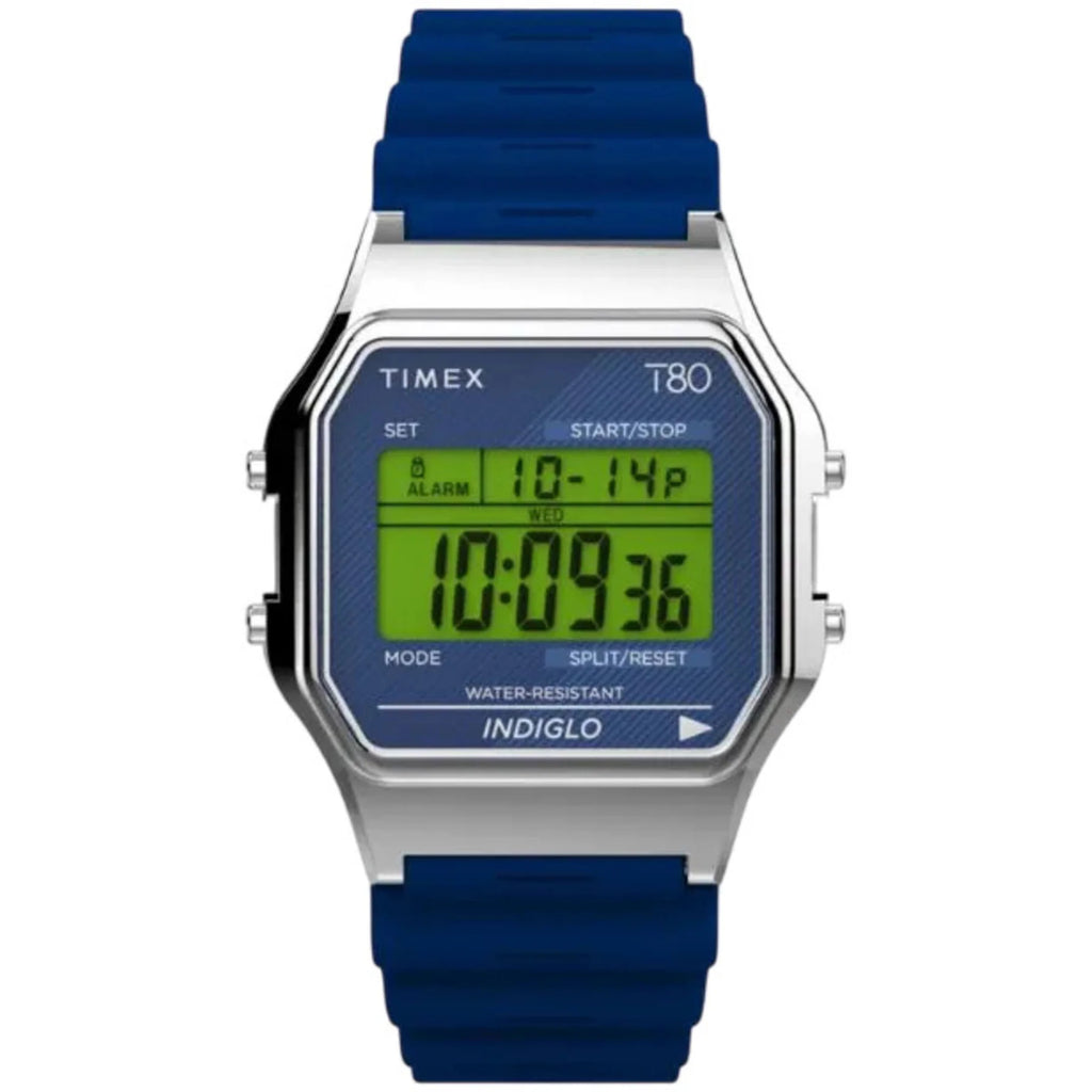 Timex Unisex Watch - T80 Alarm Green Digital Dial Blue Resin Strap | TW2V41200YB