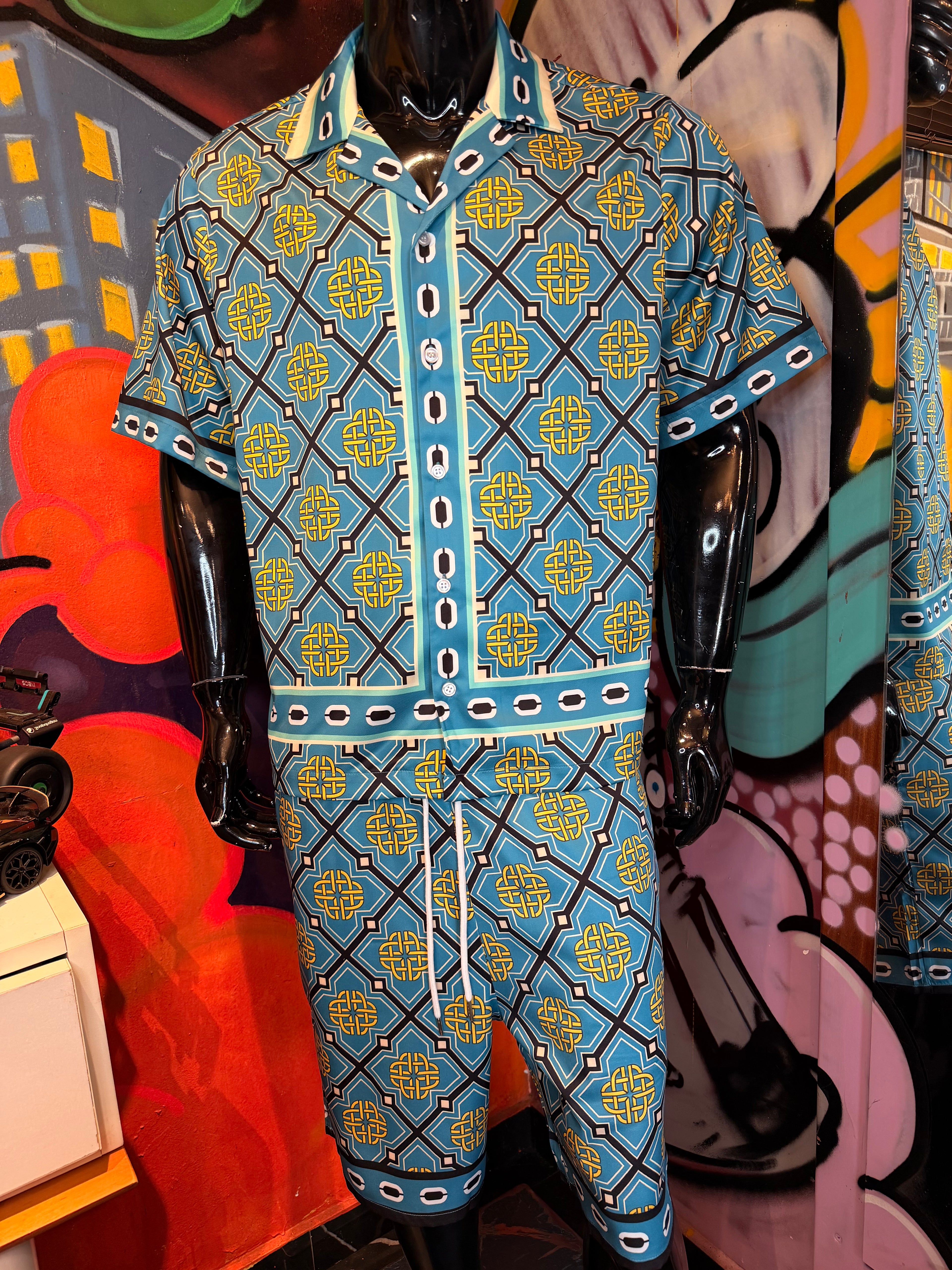 Royal Geometric Cuban Collar Button Up Shirt - Teal