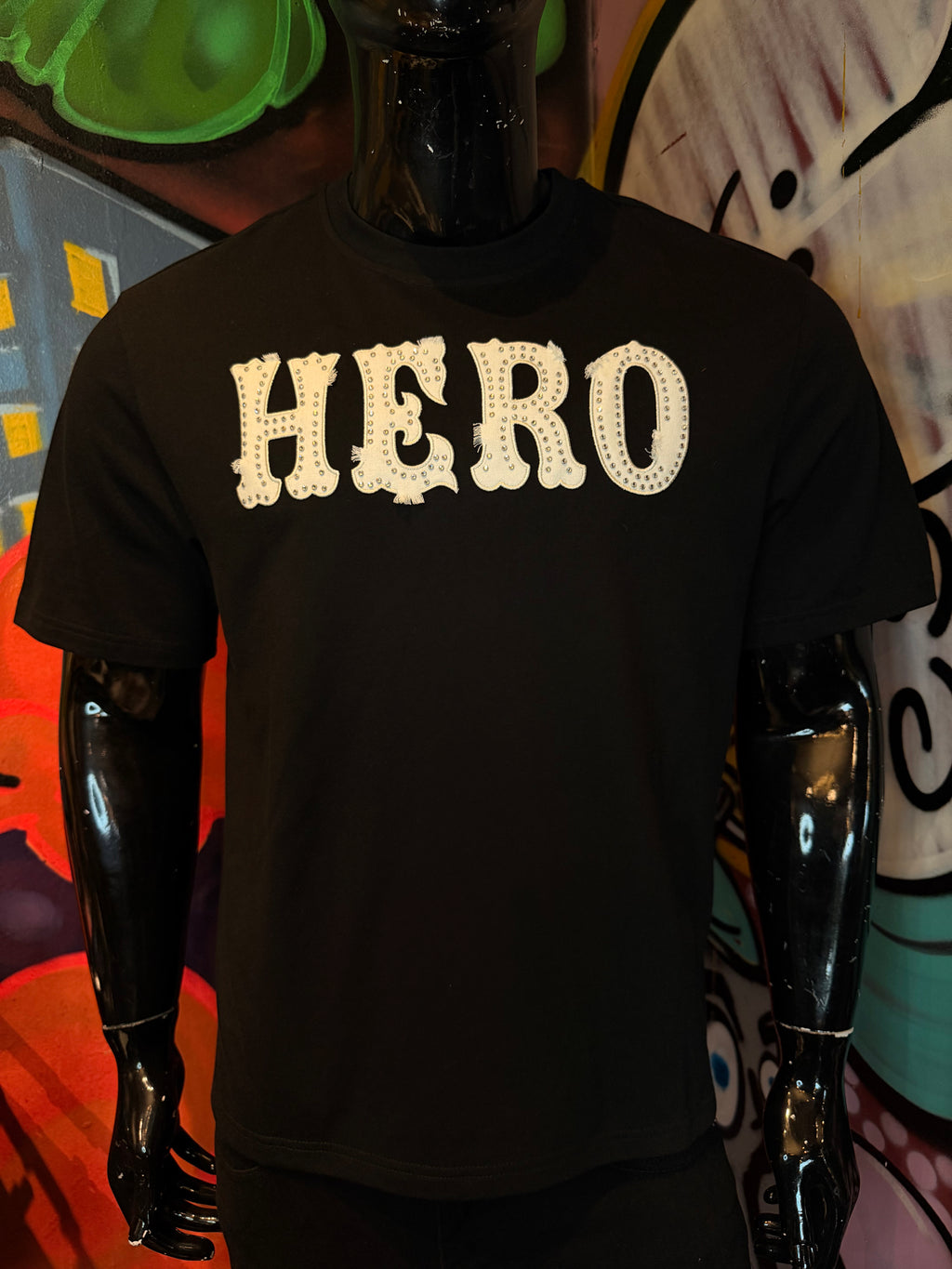 Oversized Hero Rhinestone Patch Short Sleeve Tee - Black