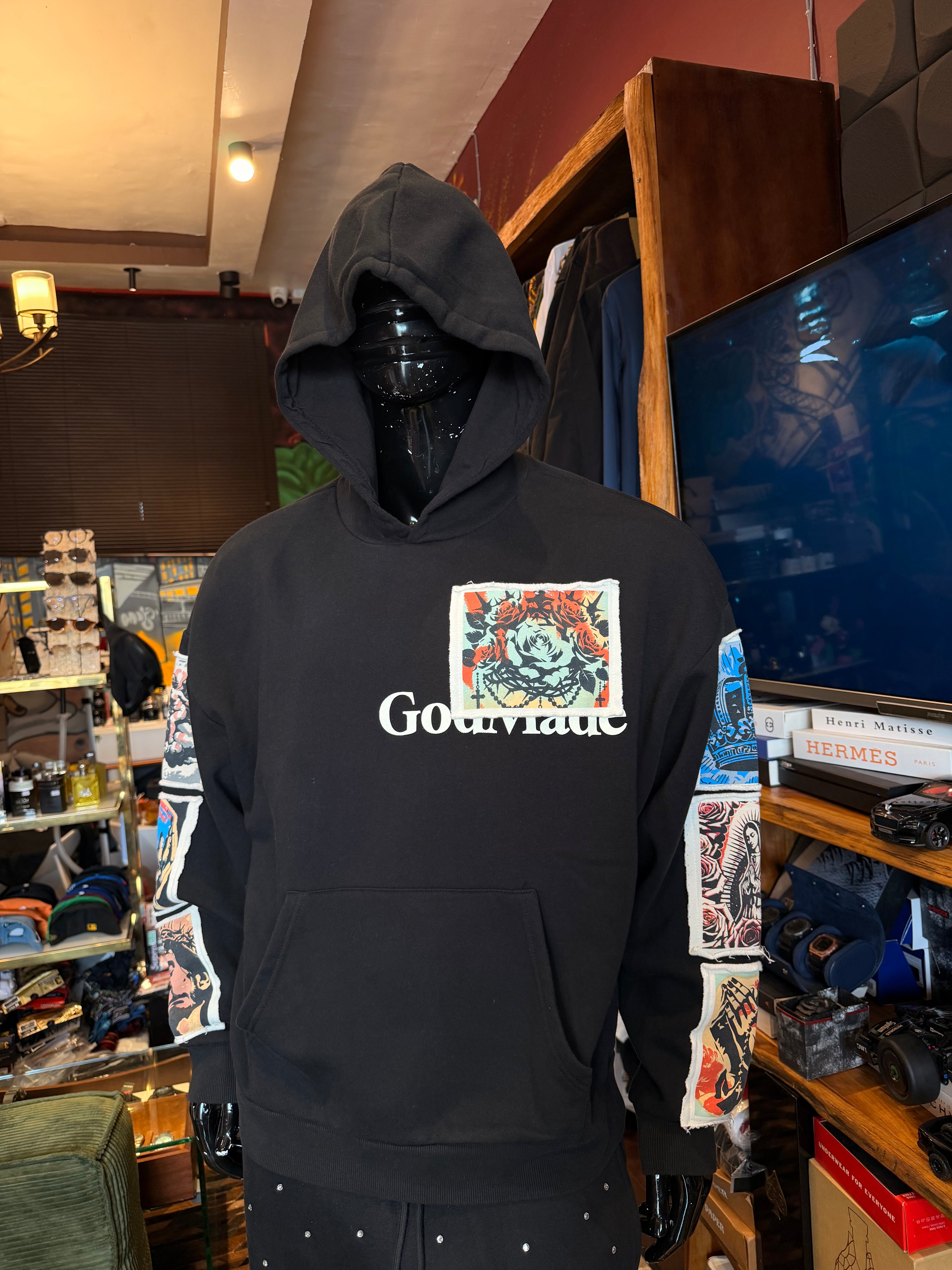 Praying hand patchwork hoodie