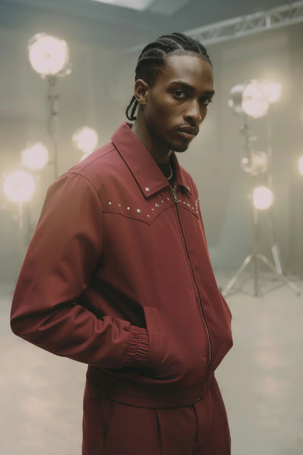 Relaxed Studded New Age Rebel Bomber Jacket - Burgundy