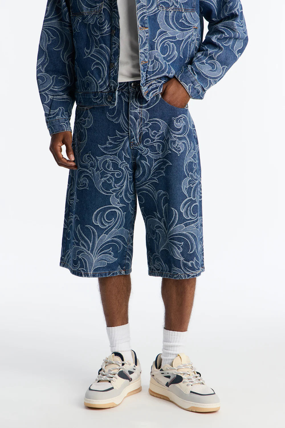 Baggy Baroque Jacquard Denim Shorts - Medium Blue Wash