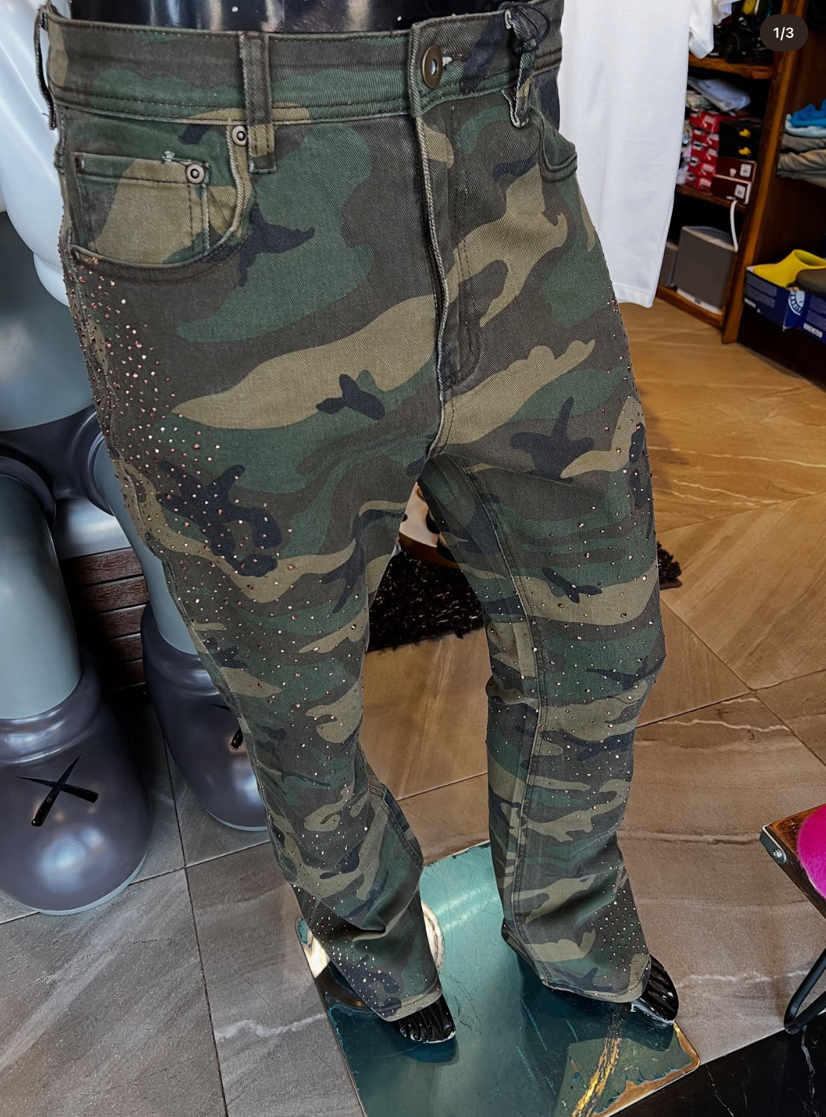 Stacked Skinny Flare Be Jeweled Camo Pants - Camouflage