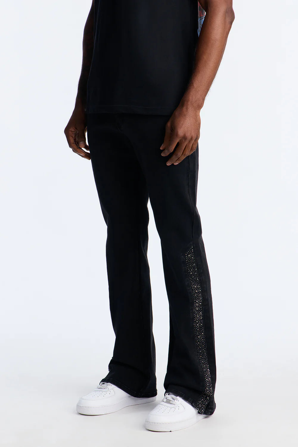 Stacked Slim Flare Tuxedo Jeweled Stripe Slit Jean - Black