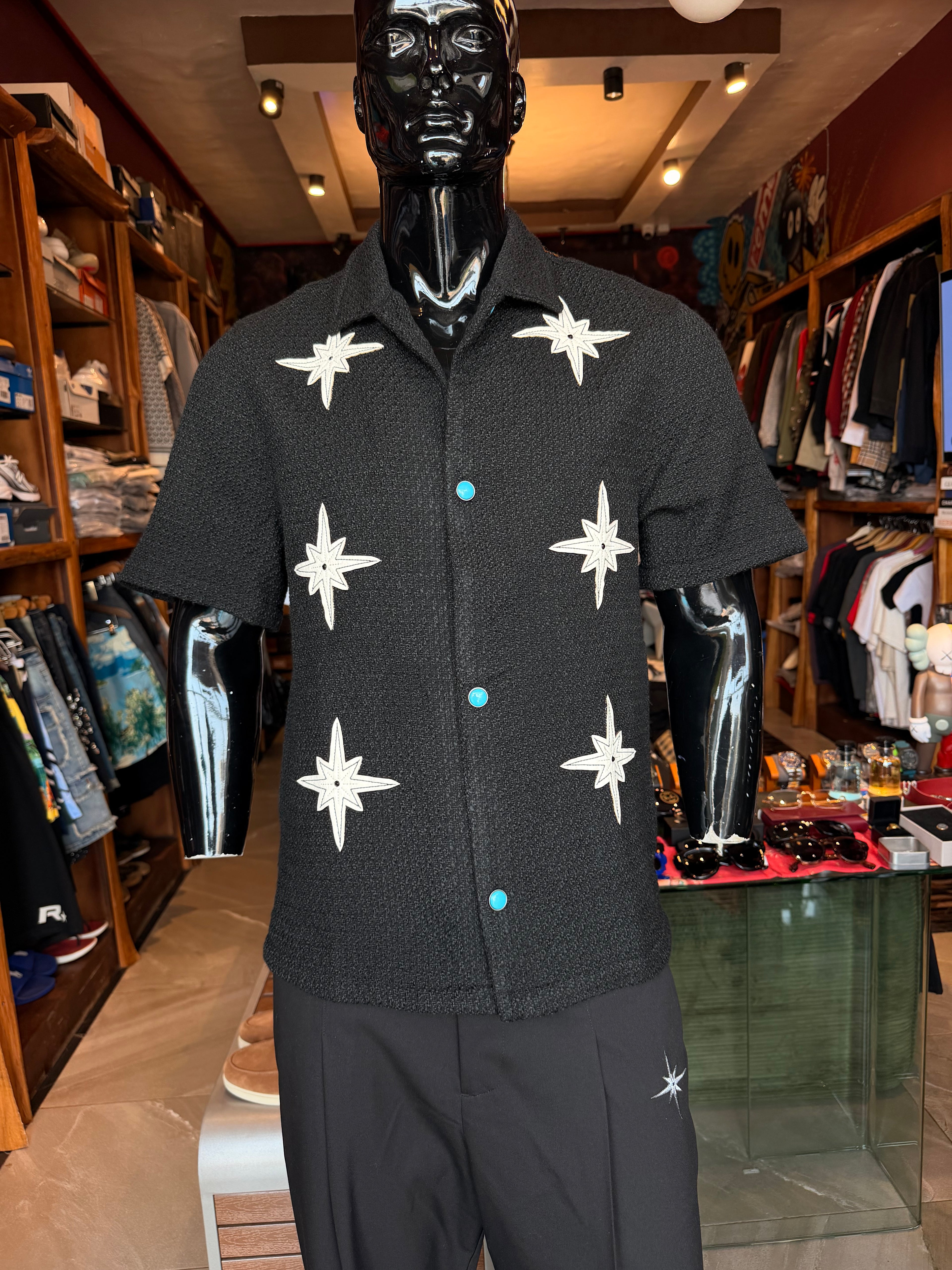 Tweed Bright Etoile Button Up Shirt - Black