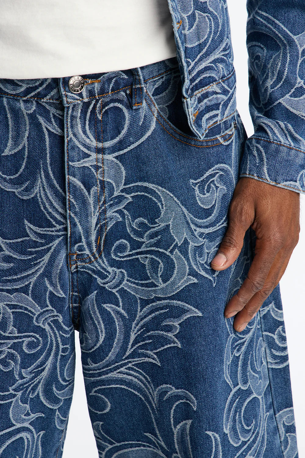 Baggy Baroque Jacquard Denim Shorts - Medium Blue Wash