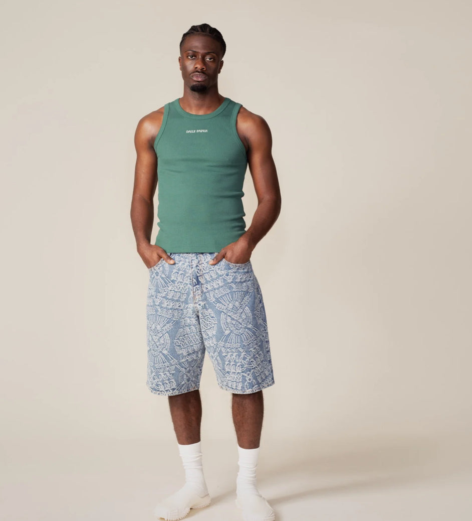 MID BLUE MACRAME DENIM SHORTS