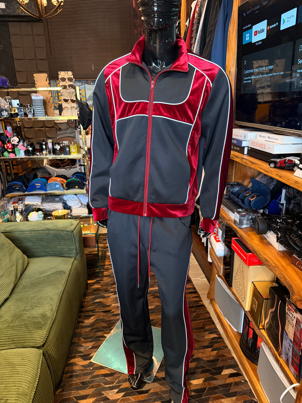 Relaxed Lexington Funnel Neck Velour Track Jacket - Burgundy