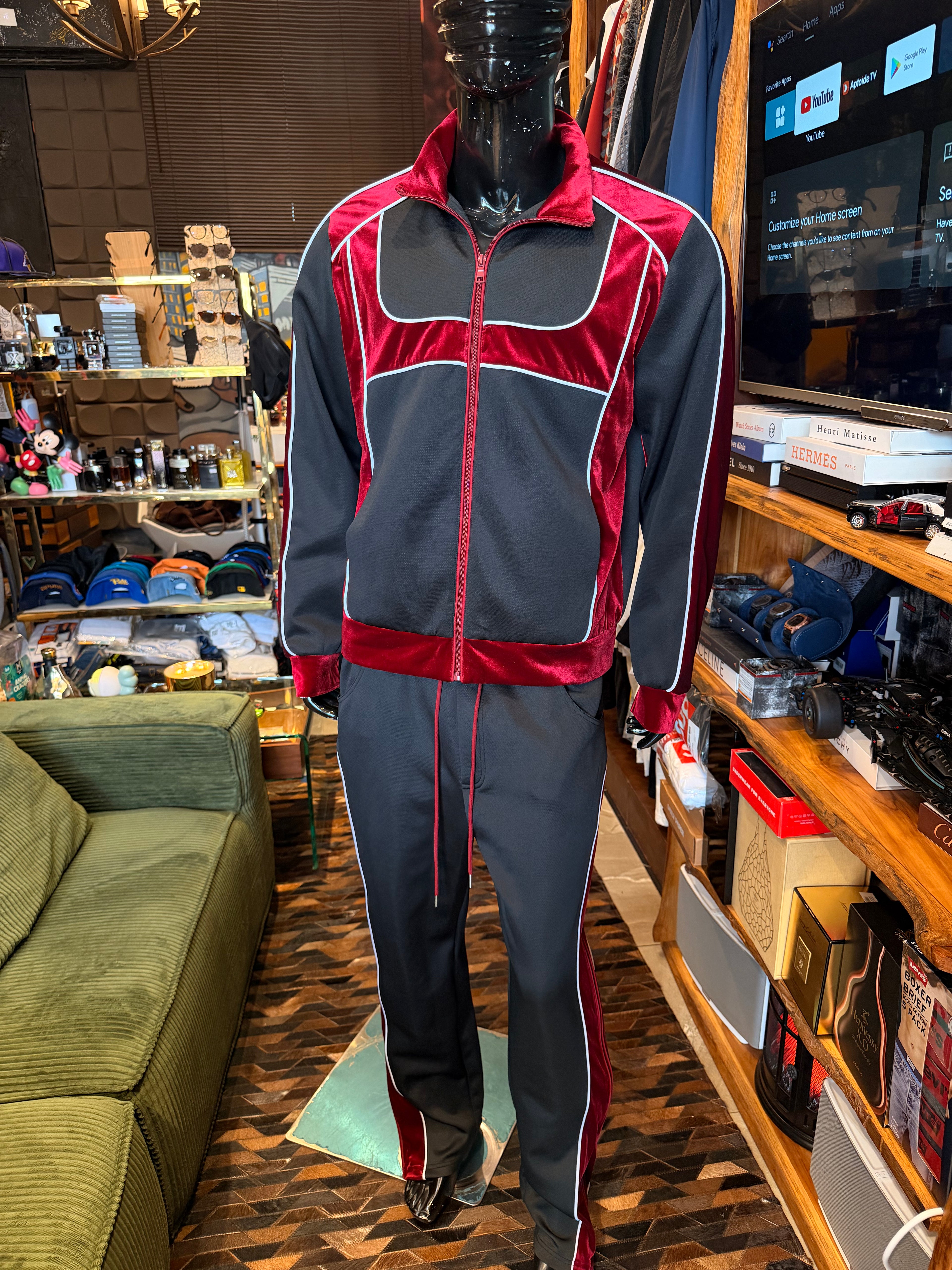 Relaxed Lexington Funnel Neck Velour Track Jacket - Burgundy